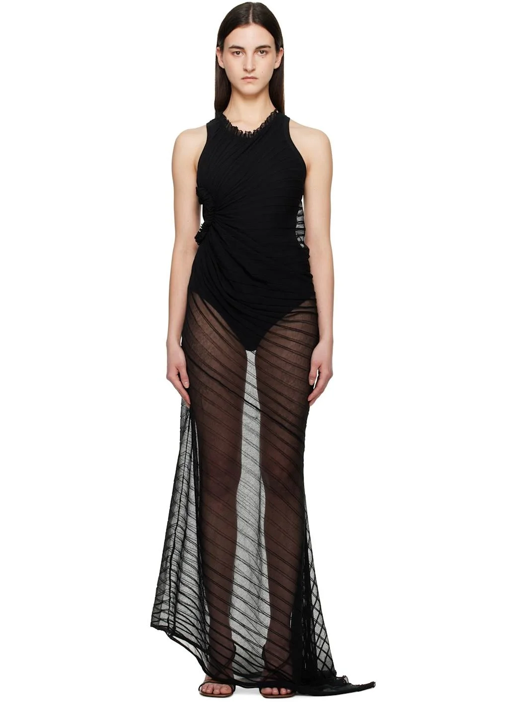 Black Sleeveless Gathered Detail Maxi Dress - 1