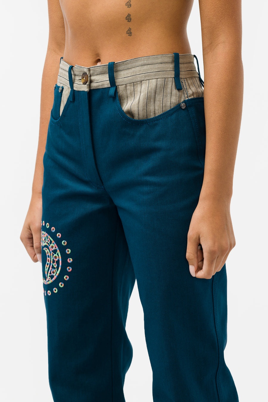 Noosa Embroidered Jeans in Sea Blue/Oyster Stripe - 4