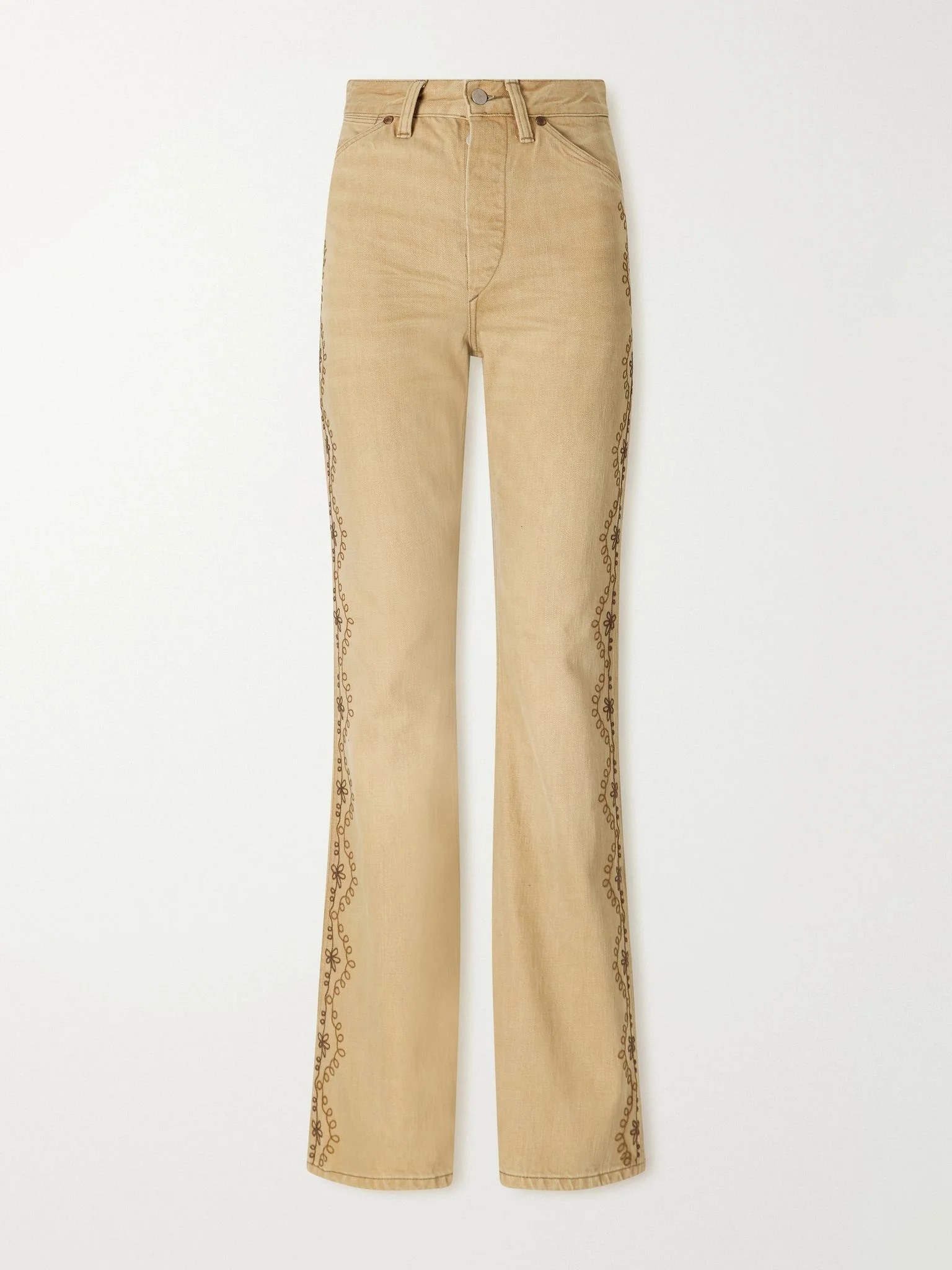 Floral-embroidered cotton flared pants Tan - 1