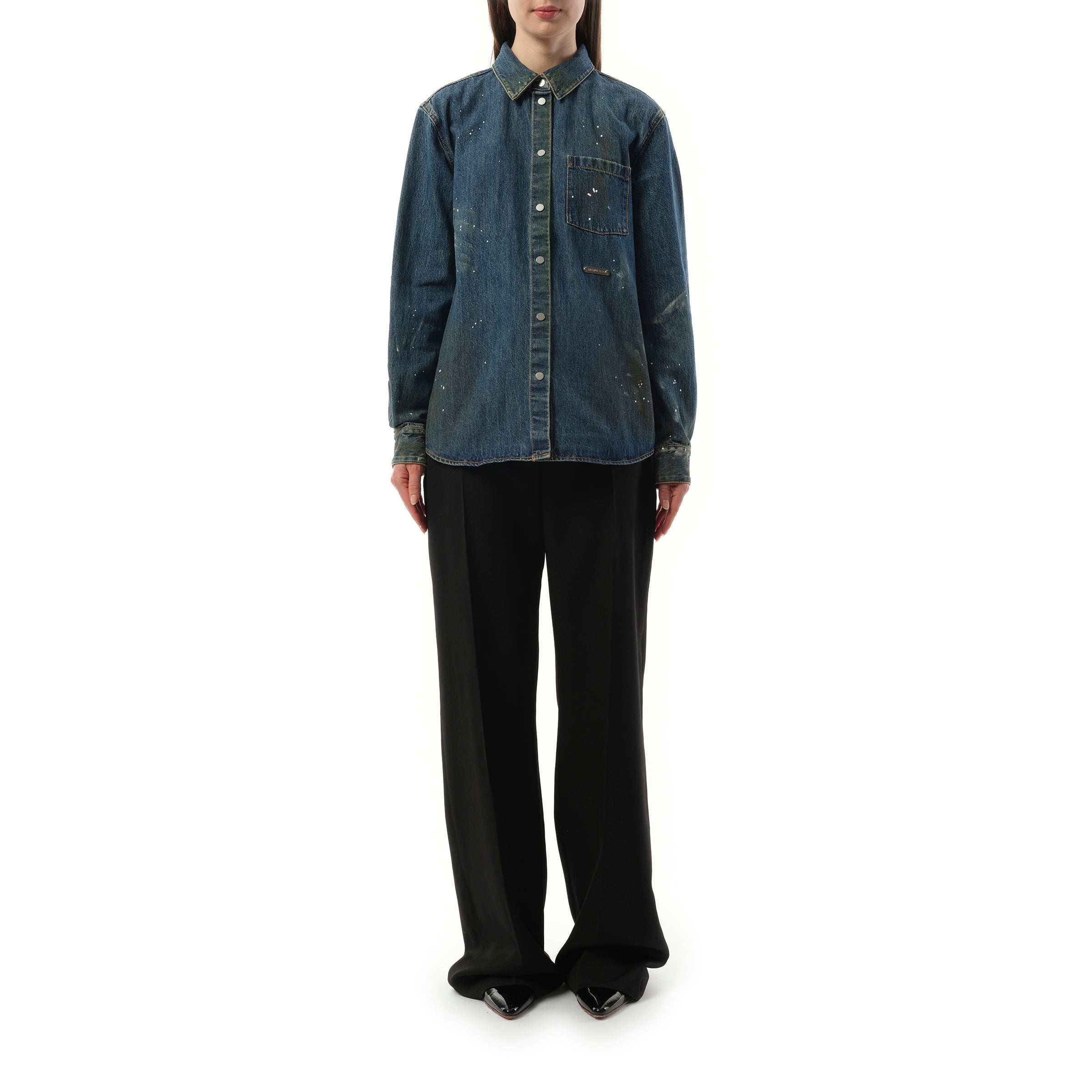 Women Painted Denim Shirt in Mid Indigo - 4