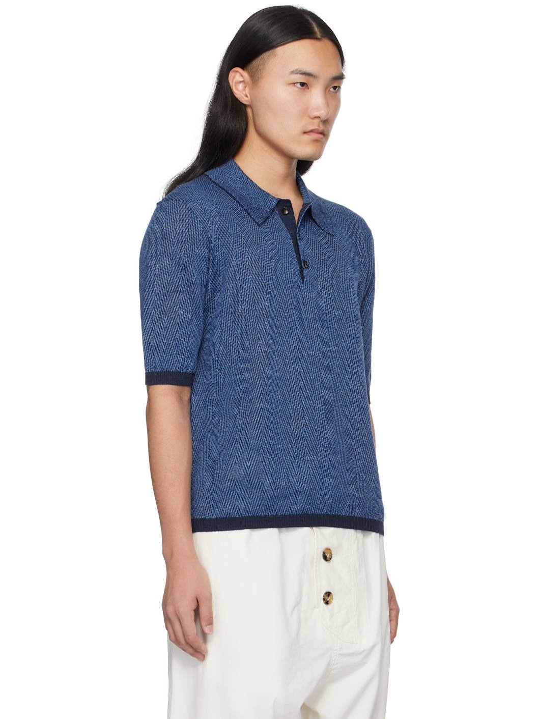 Blue Linen Chevron Knit Polo - 2