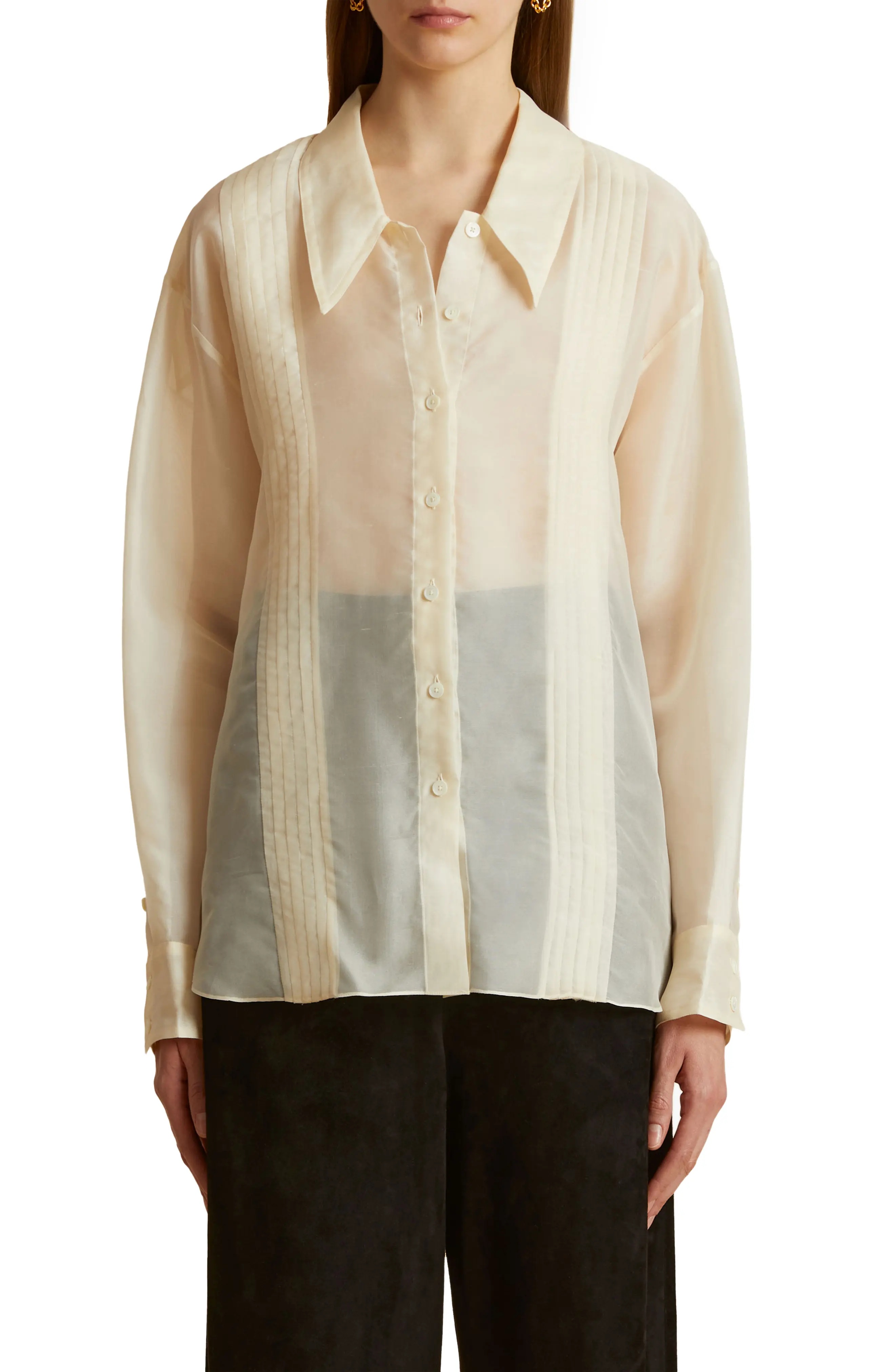 Nori Pleated Sheer Silk Button-Up Shirt - 1