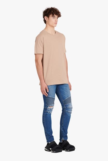 Oversized sand-colored eco-designed cotton T-shirt with black Balmain logo print - 7
