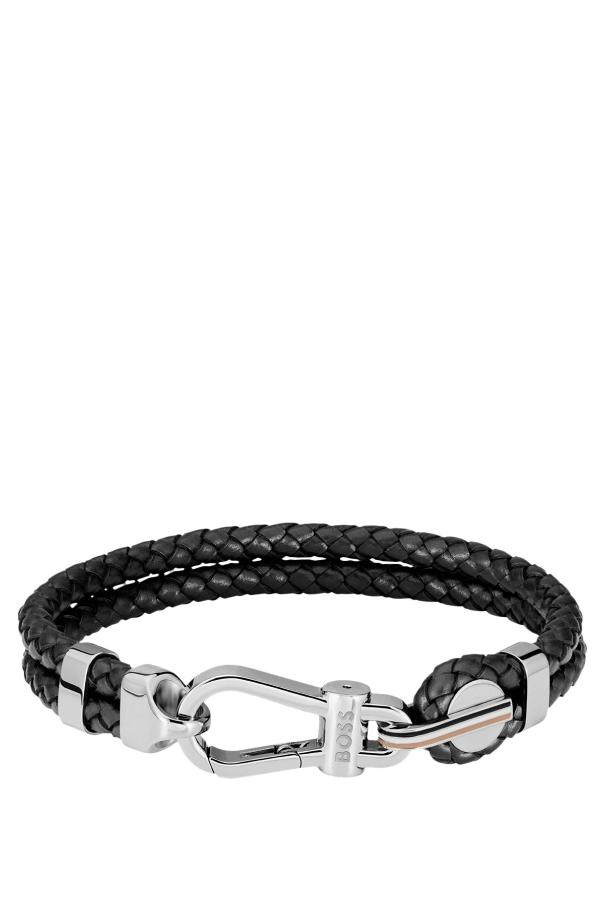 BLACK BRAIDED-LEATHER CUFF WITH SILVER-TONE CARABINER CLOSURE - 1