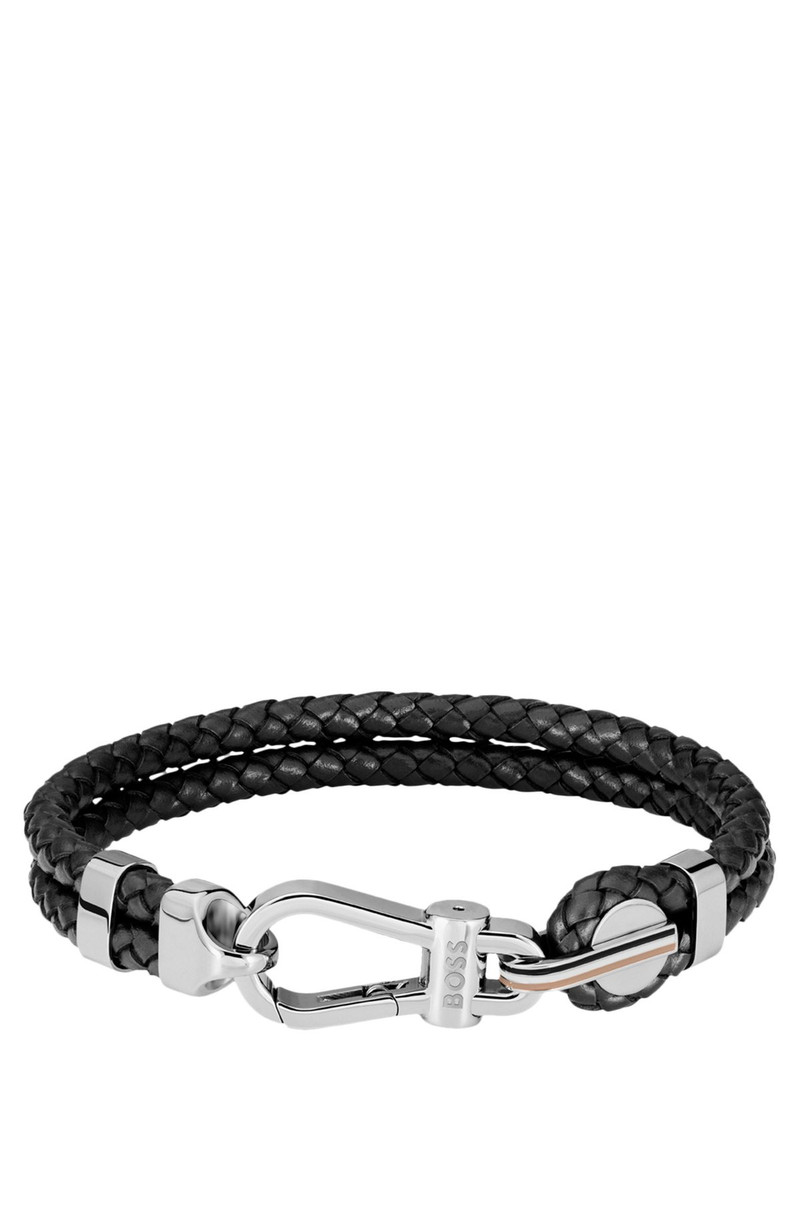 BLACK BRAIDED-LEATHER CUFF WITH SILVER-TONE CARABINER CLOSURE 1