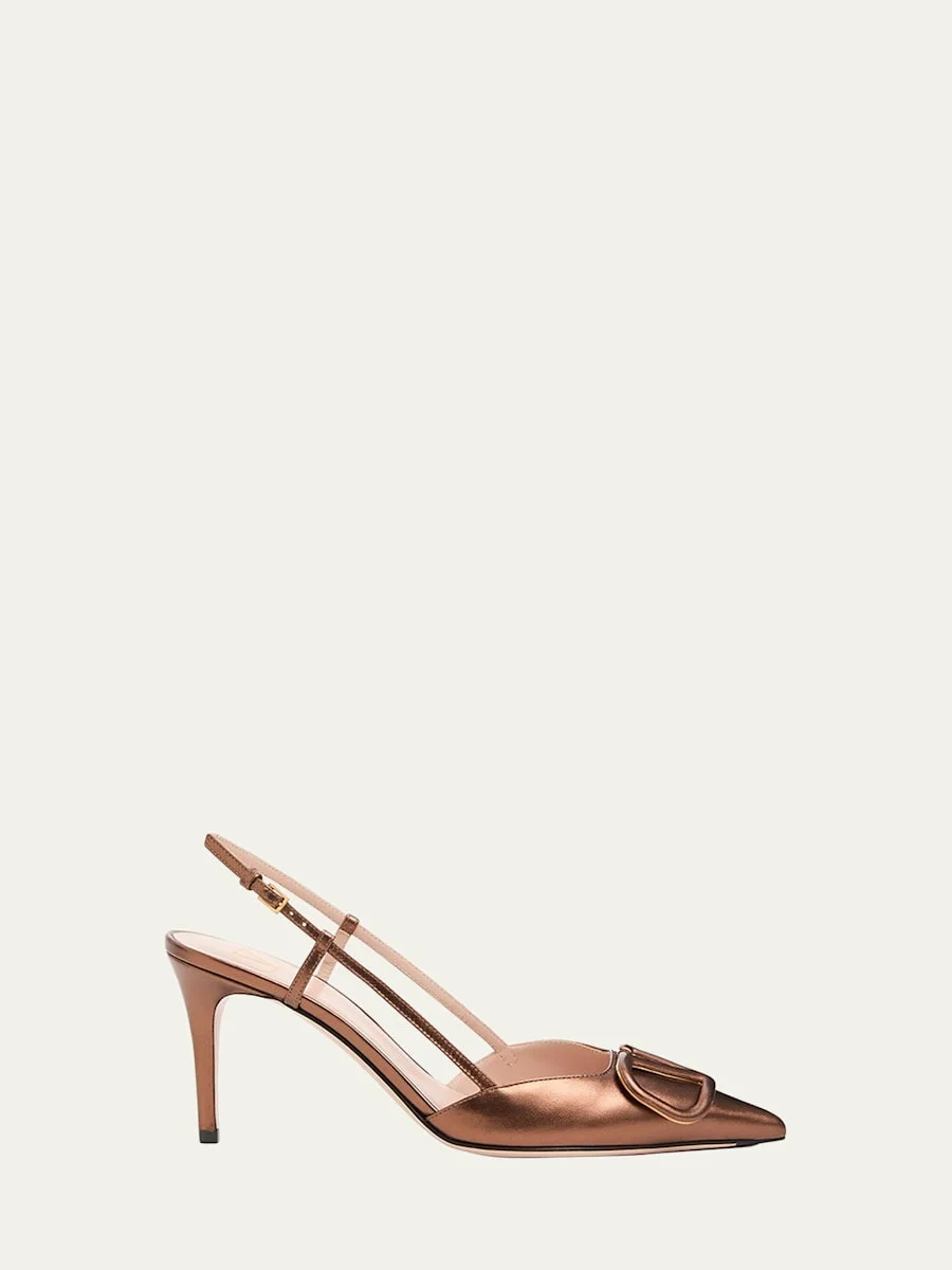V-Logo Metallic Leather Slingback Pumps - 1