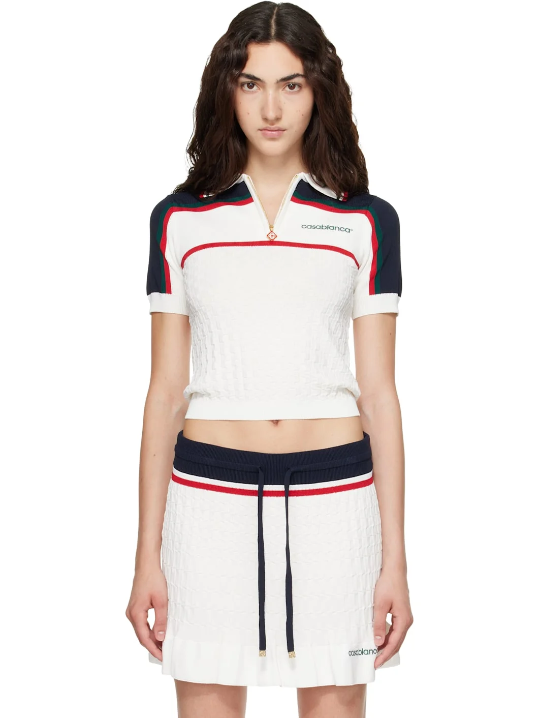 Off-White & Navy Knit Tennis Short Sleeve Polo - 1