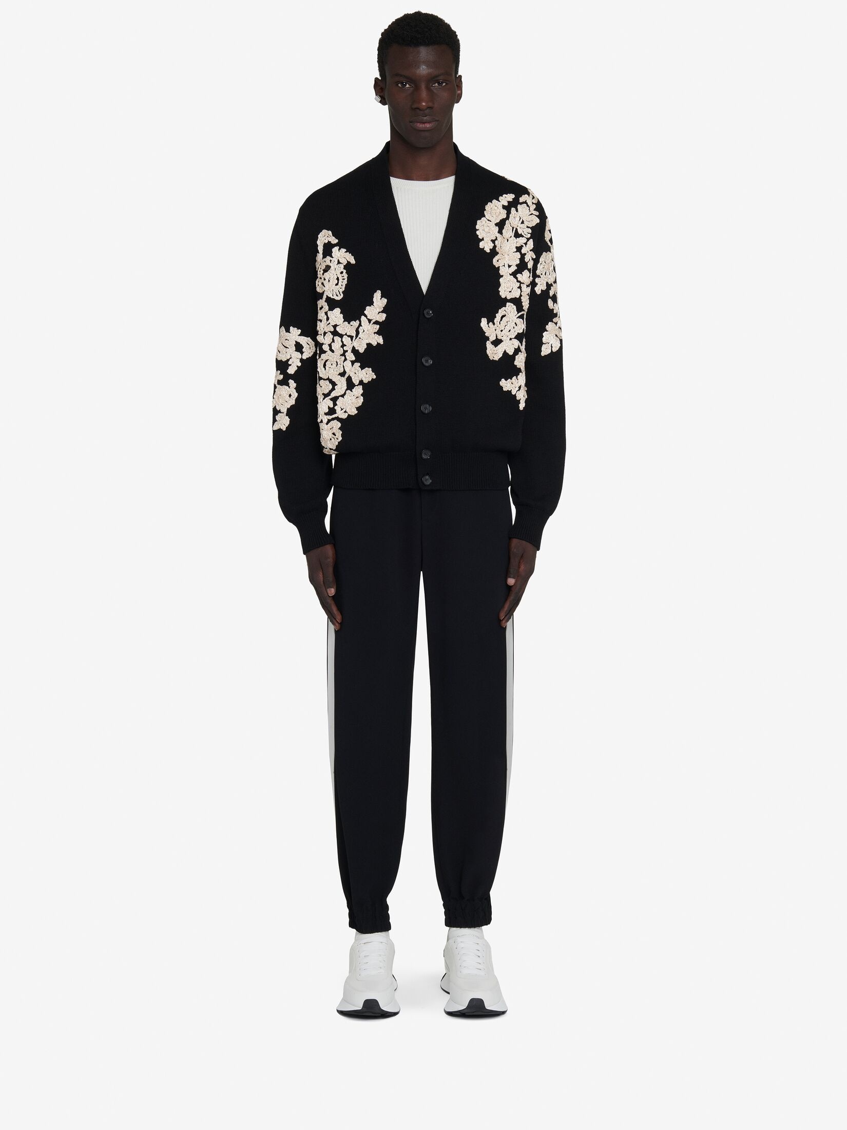 Men's Floral Embroidery Cardigan in Black/ivory - 2
