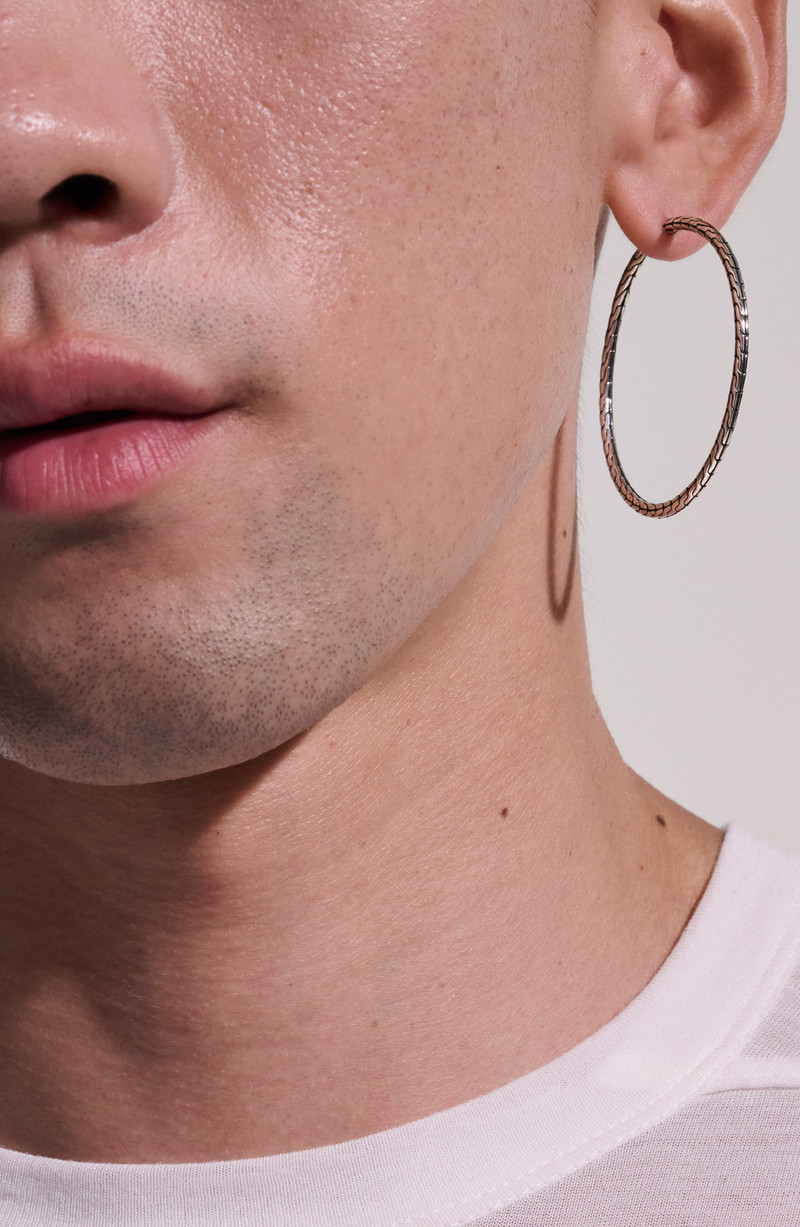 JOHN HARDY John Hardy Carved Chain Hoop Earrings, Silver, 50mm outlook