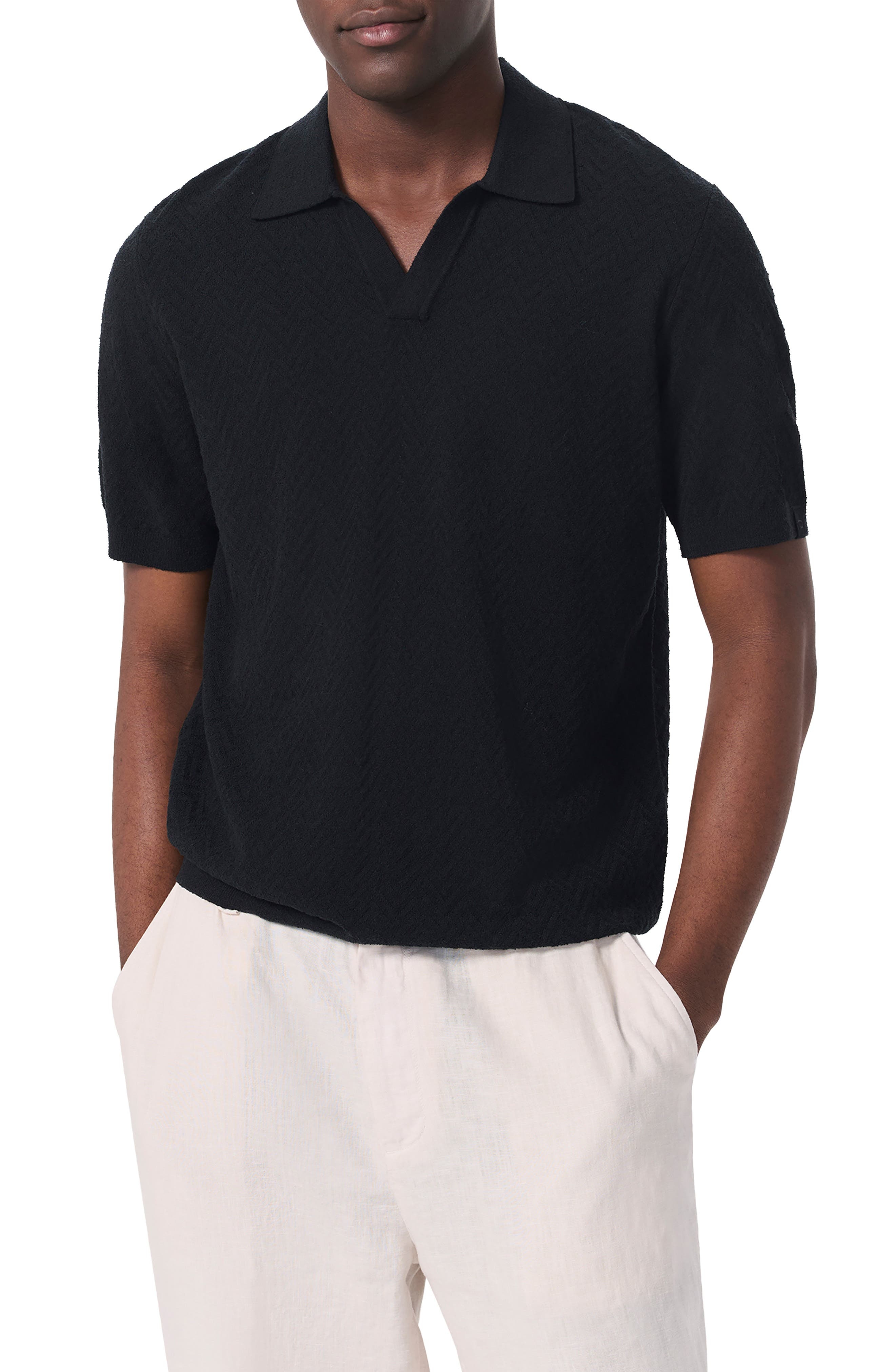 rag & bone Zuma Johnny Collar Chevron Terry Cloth Polo in Black at Nordstrom - 1