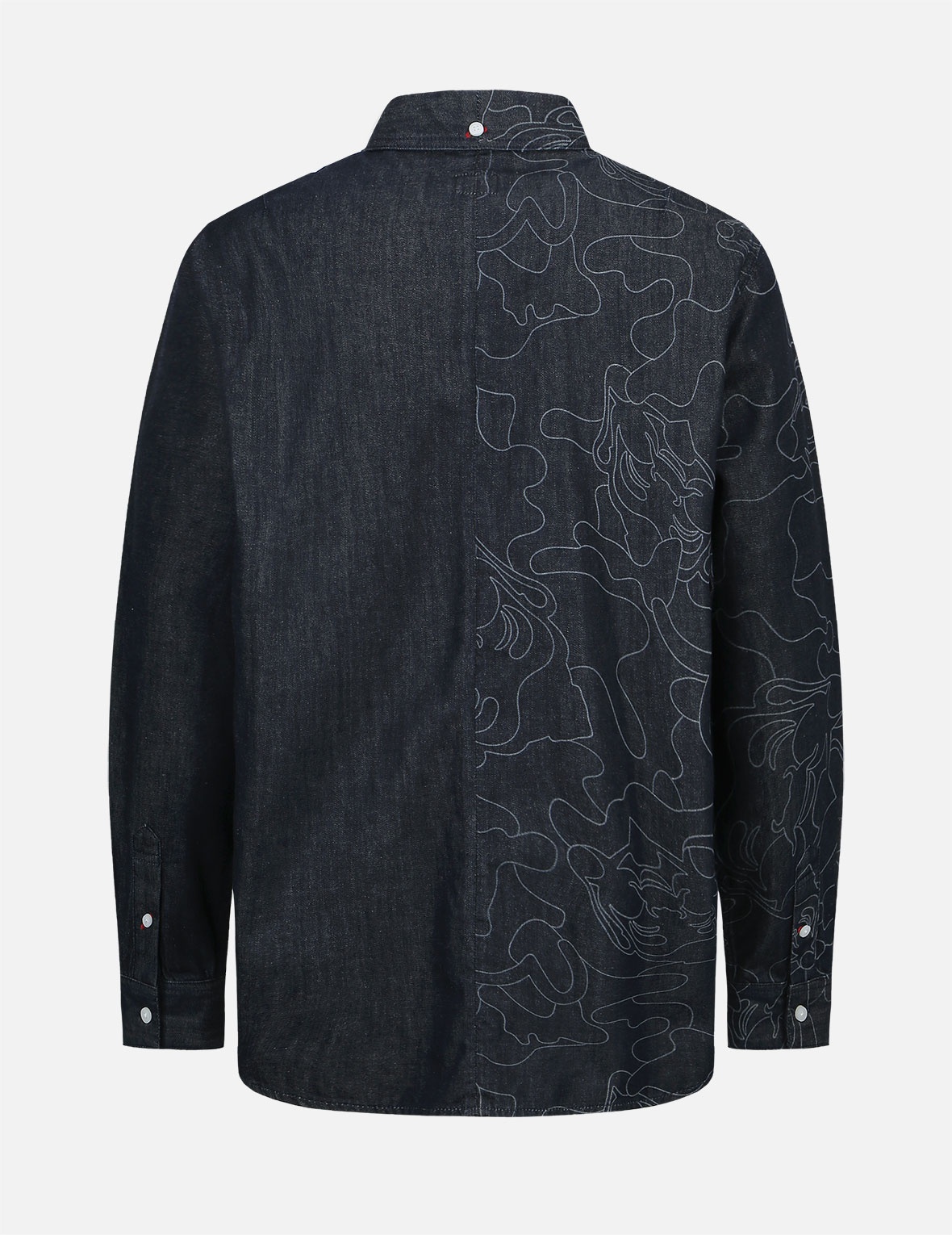 LINEAR CAMOUFLAGE DISCHARGED PRINT BLOCKING DENIM SHIRT - 2