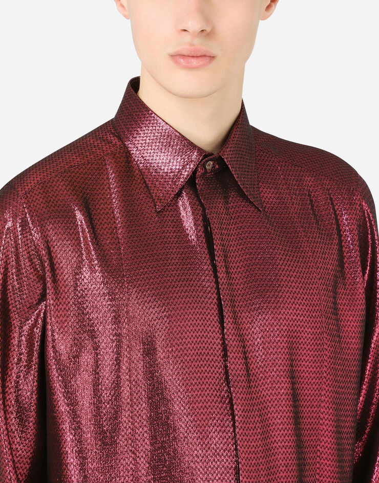 Laminated textured silk Gold-fit tuxedo shirt - 4