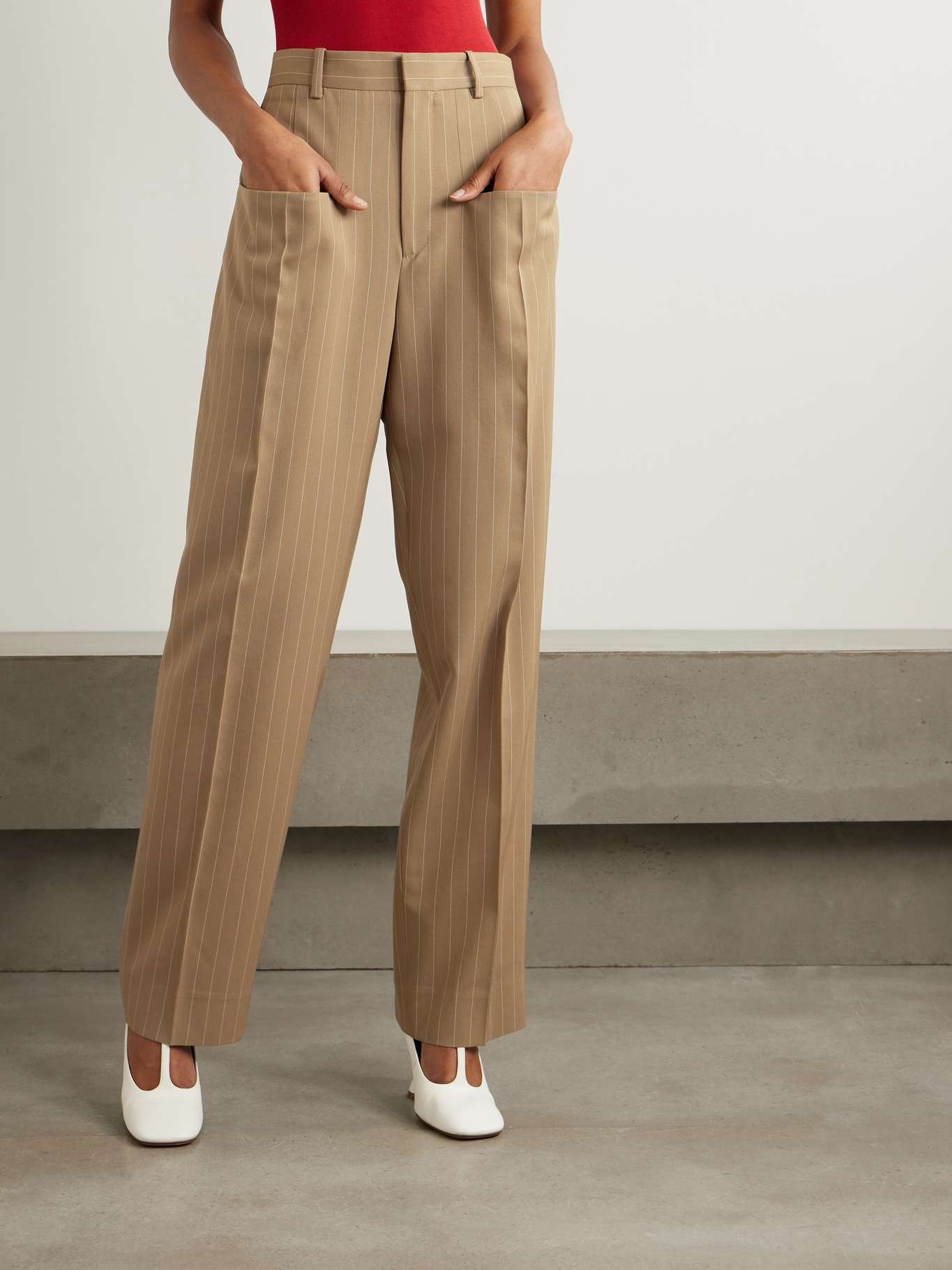 Victoria Beckham Pinstriped wool wide-leg pants Sand