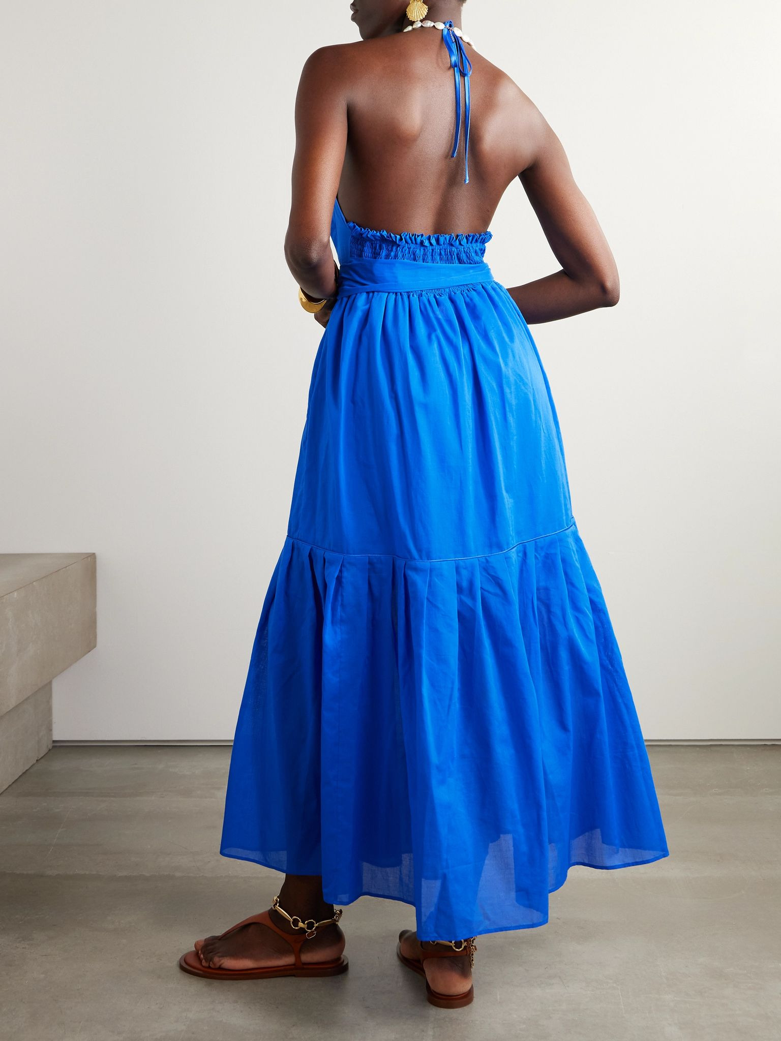 Patmos belted tiered cotton-poplin halterneck maxi dress Blue - 3