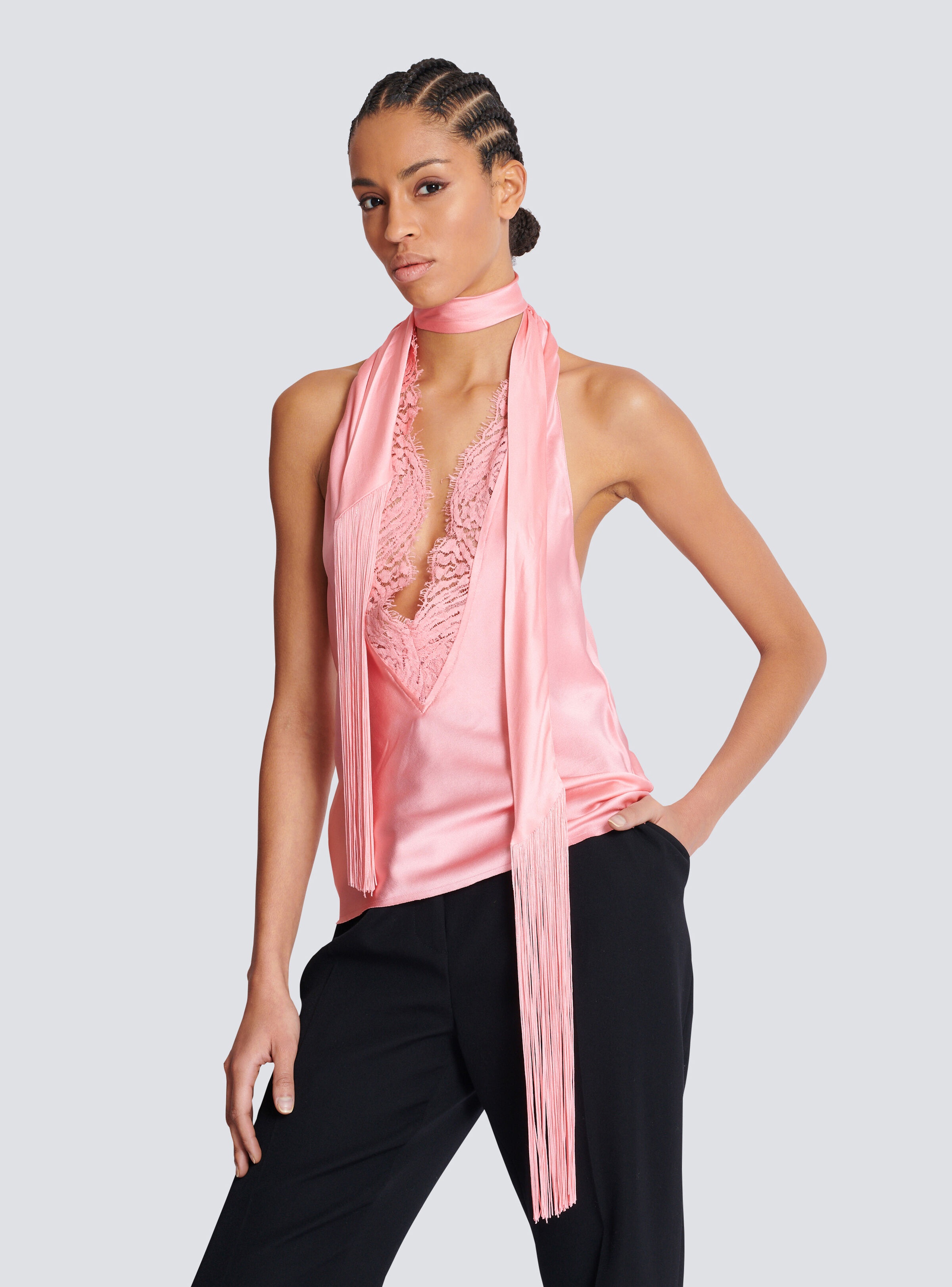 Backless fringed satin top - 6