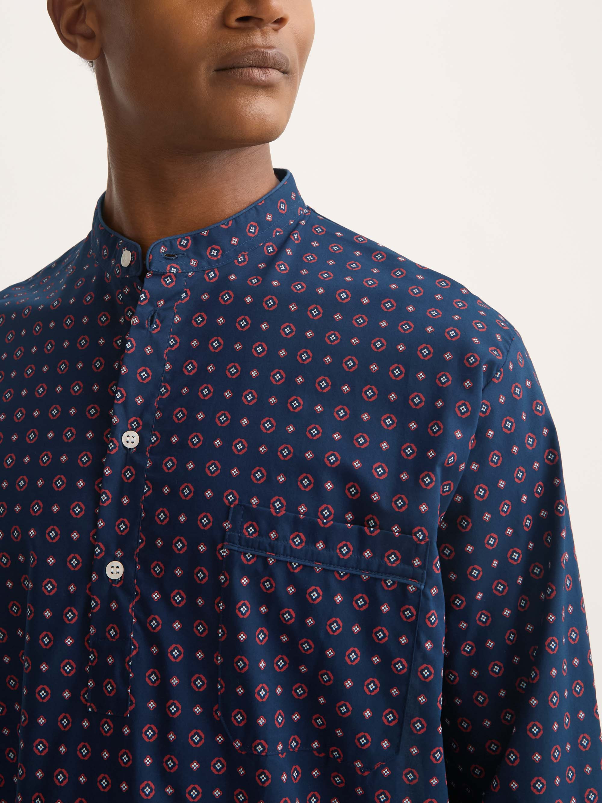 Men's Nightshirt Cotton Batiste Navy Blue Rose Motif - 5
