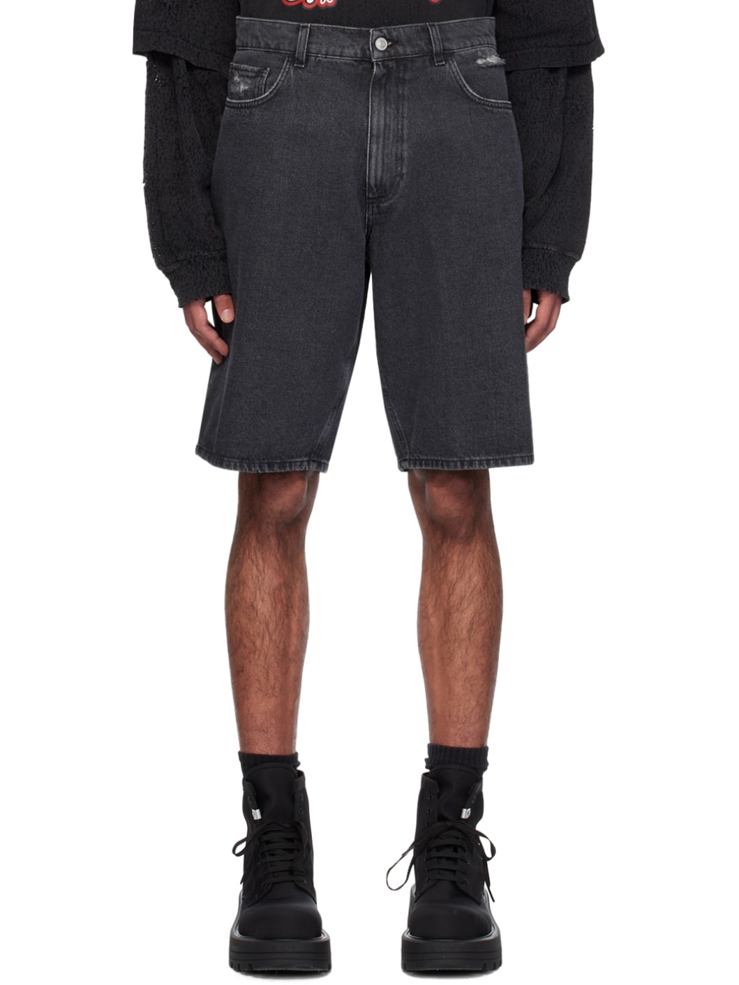 Black Distressed Carpenter Denim Shorts - 1