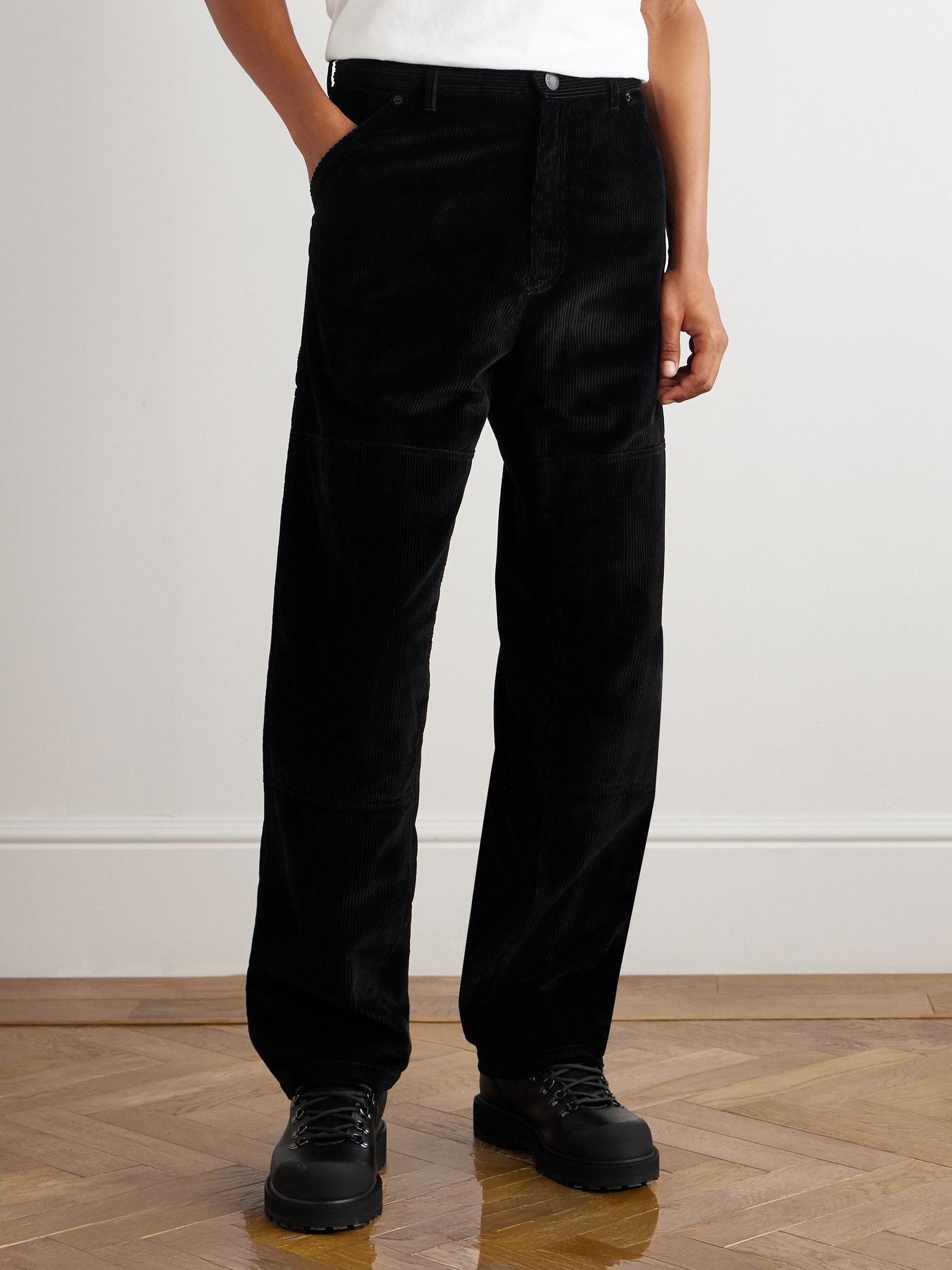 Straight-Leg Logo-Appliquéd Panelled Cotton-Corduroy Trousers Black - 3