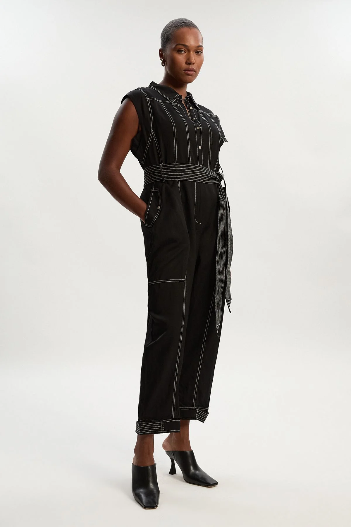 Plus Size Premium Linen Twill Topstitch Woven Jumpsuit - 1