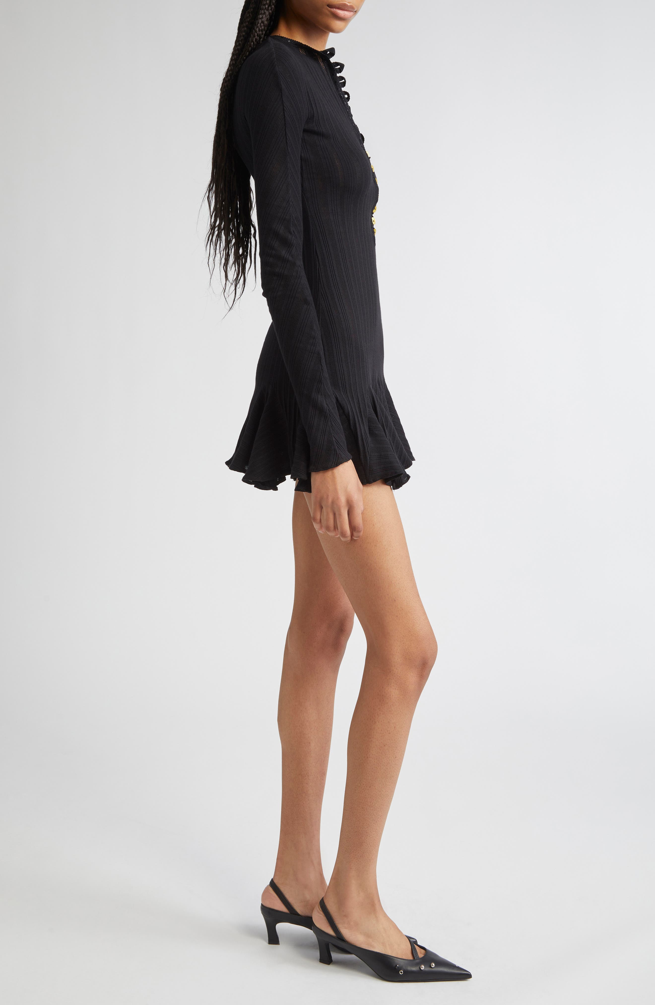 CONNER IVES The Pointelle Henley Long Sleeve Organic Cotton Minidress in Black at Nordstrom - 3