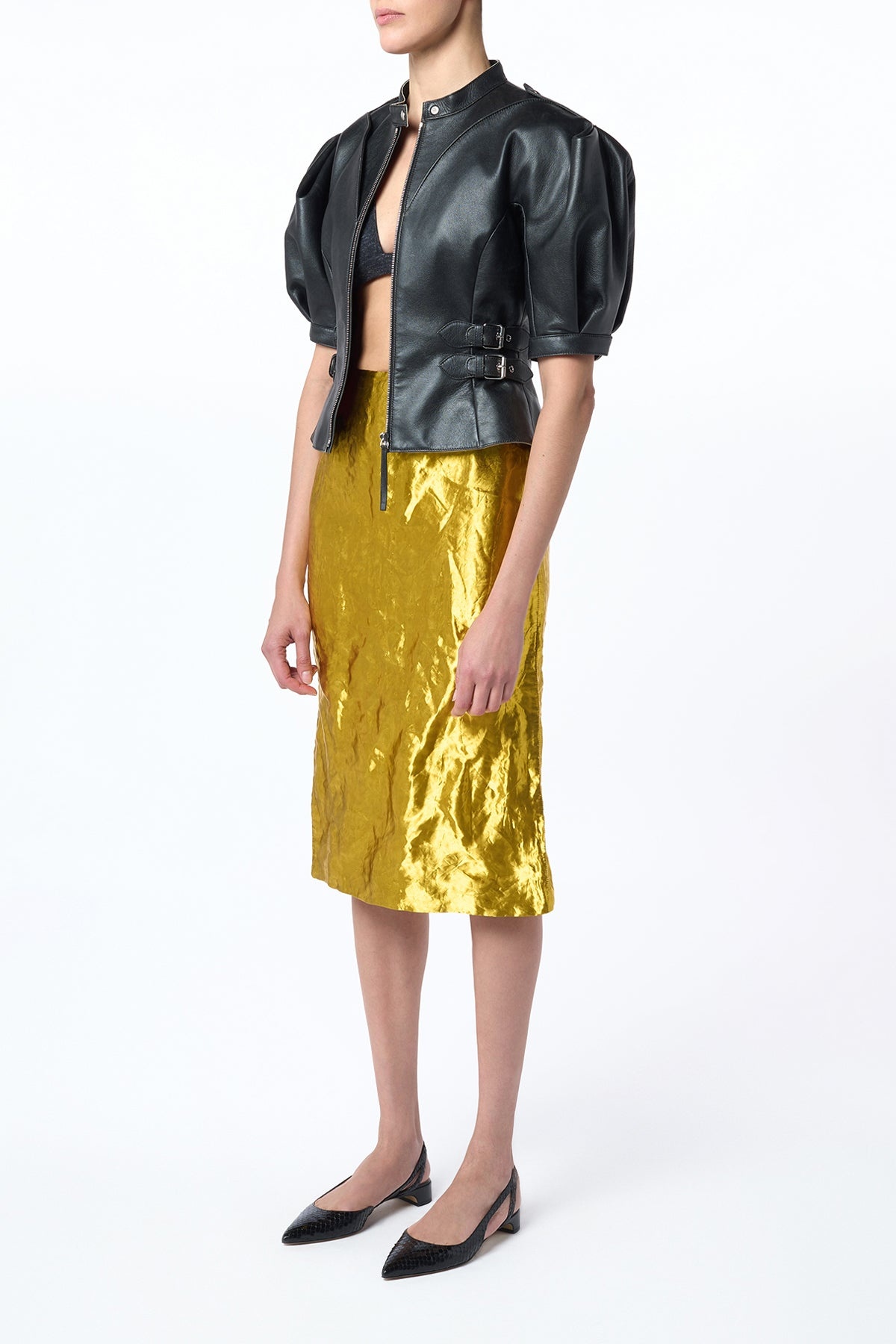 Manuela Midi Skirt in Gold Metallic Silk - 4