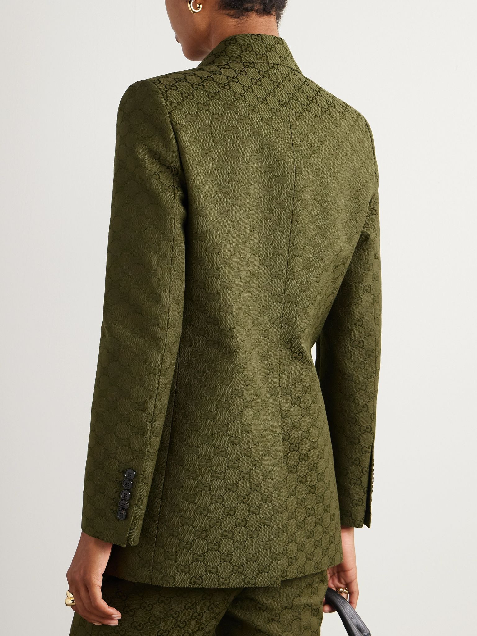 Double-breasted jacquard cotton-blend canvas blazer Army green - 3