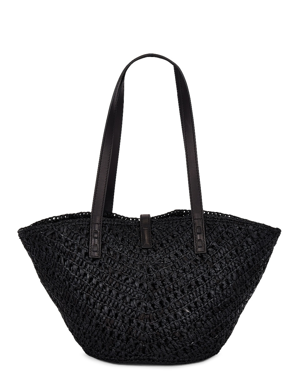 Rive Gauche glossed-leather and appliquéd mesh tote