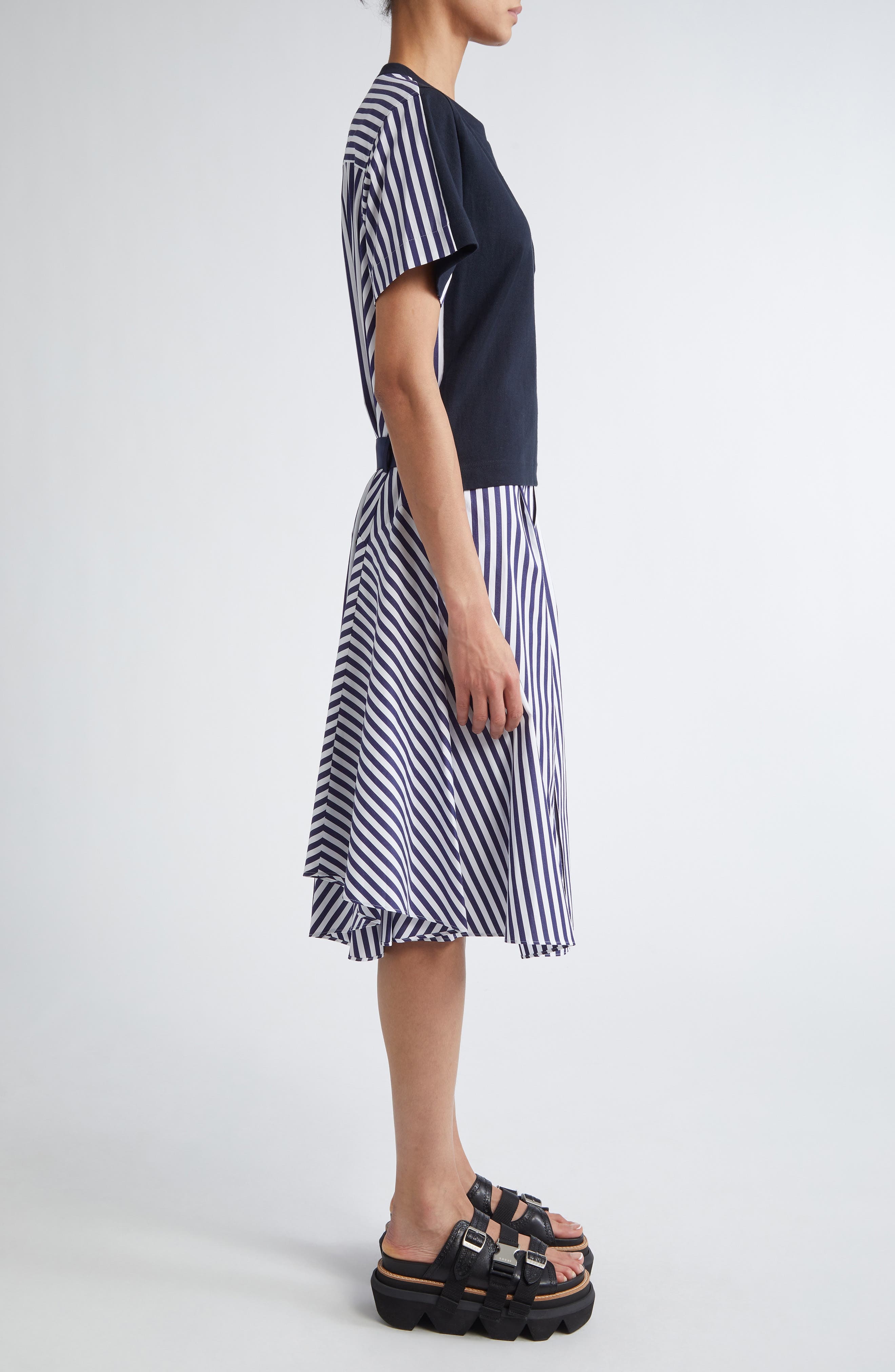 Sacai Mixed Media Poplin & Jersey Midi Dress in Navy Stripe at Nordstrom - 3