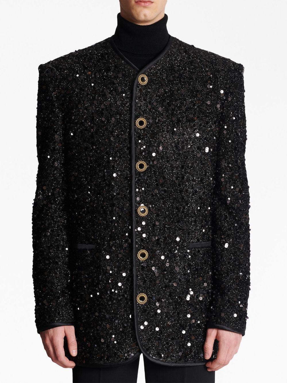 collarless single-breasted sequinned jacket - 5