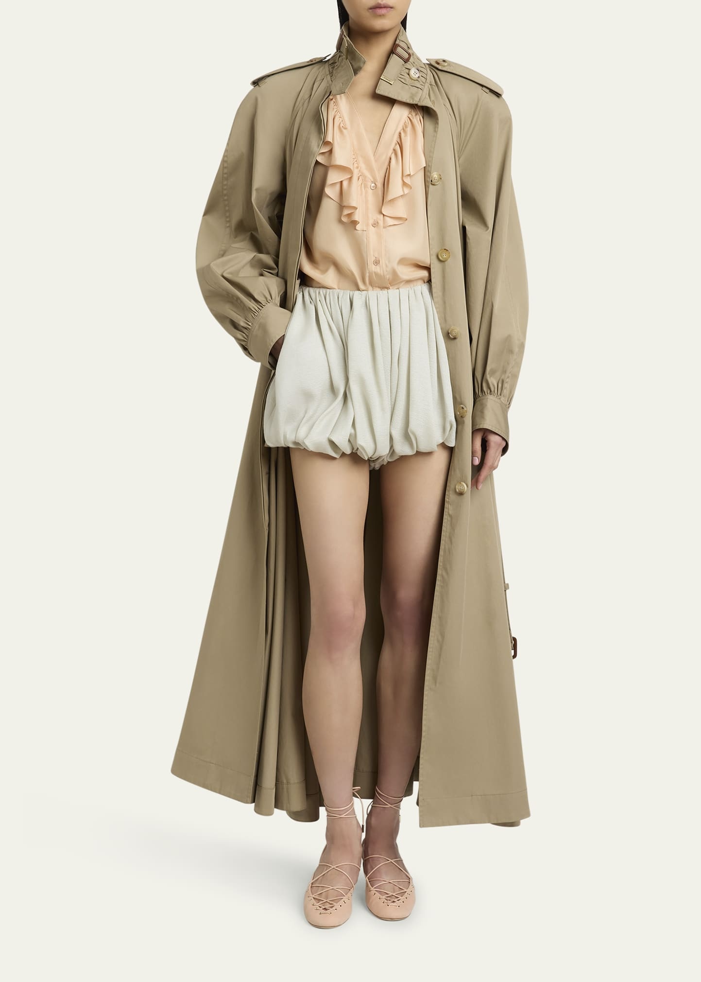 Long High-Neck Belted Gabardine Trench Coat - 2