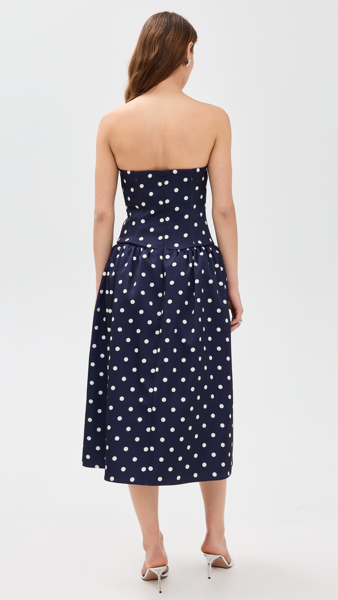 Navy Polka Dot Satin Midi Dress - 2