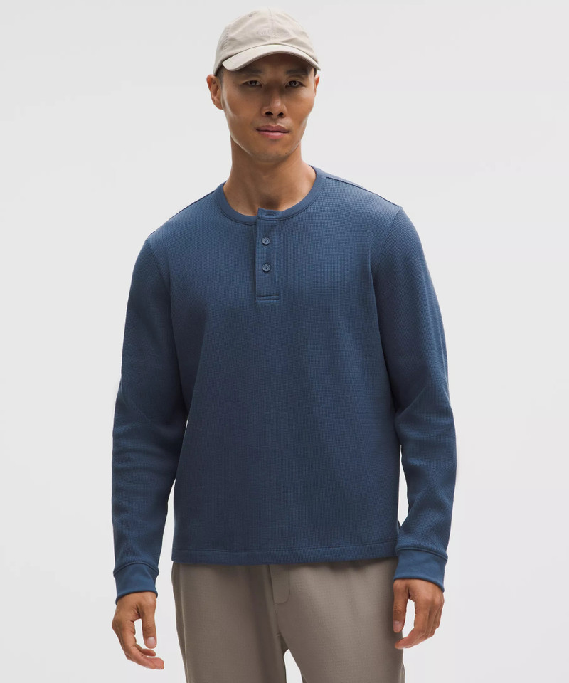 Cotton-Blend Waffle Knit Long-Sleeve Henley 1