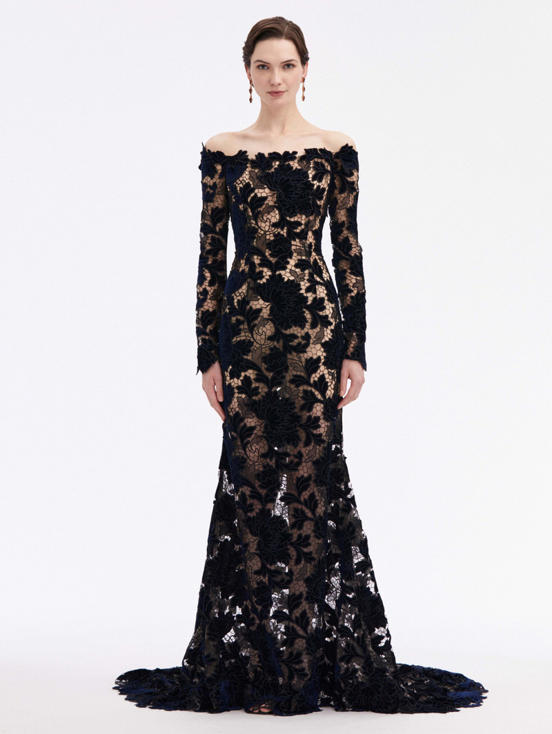 OFF SHOULDER PEONY VELVET GUIPURE GOWN 1