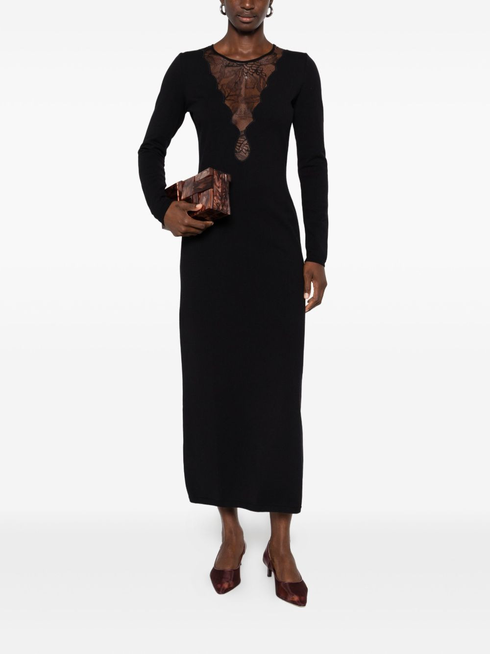 lace-insert long-sleeve midi dress - 2