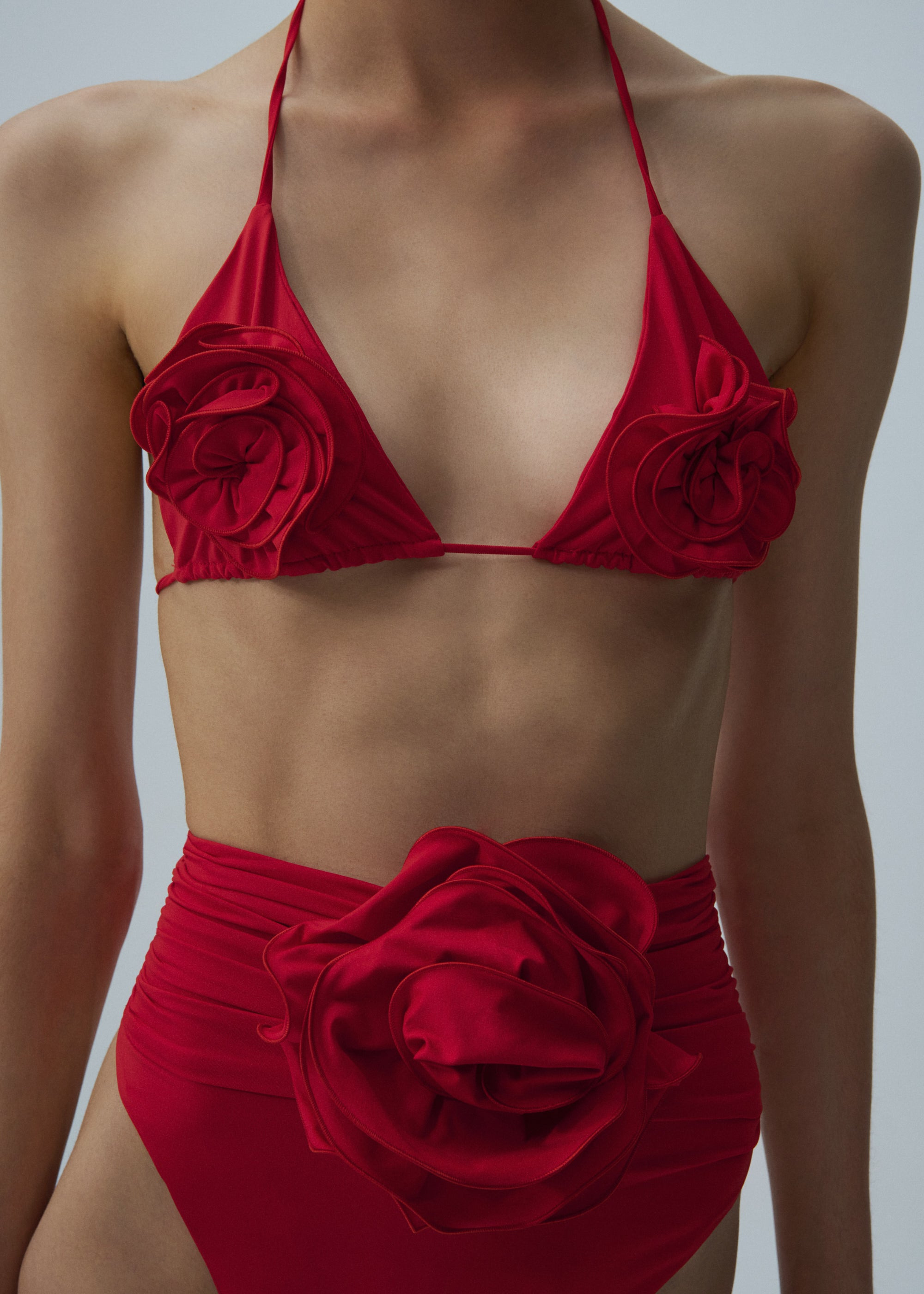 Floral strappy triangle bikini top in red - 3