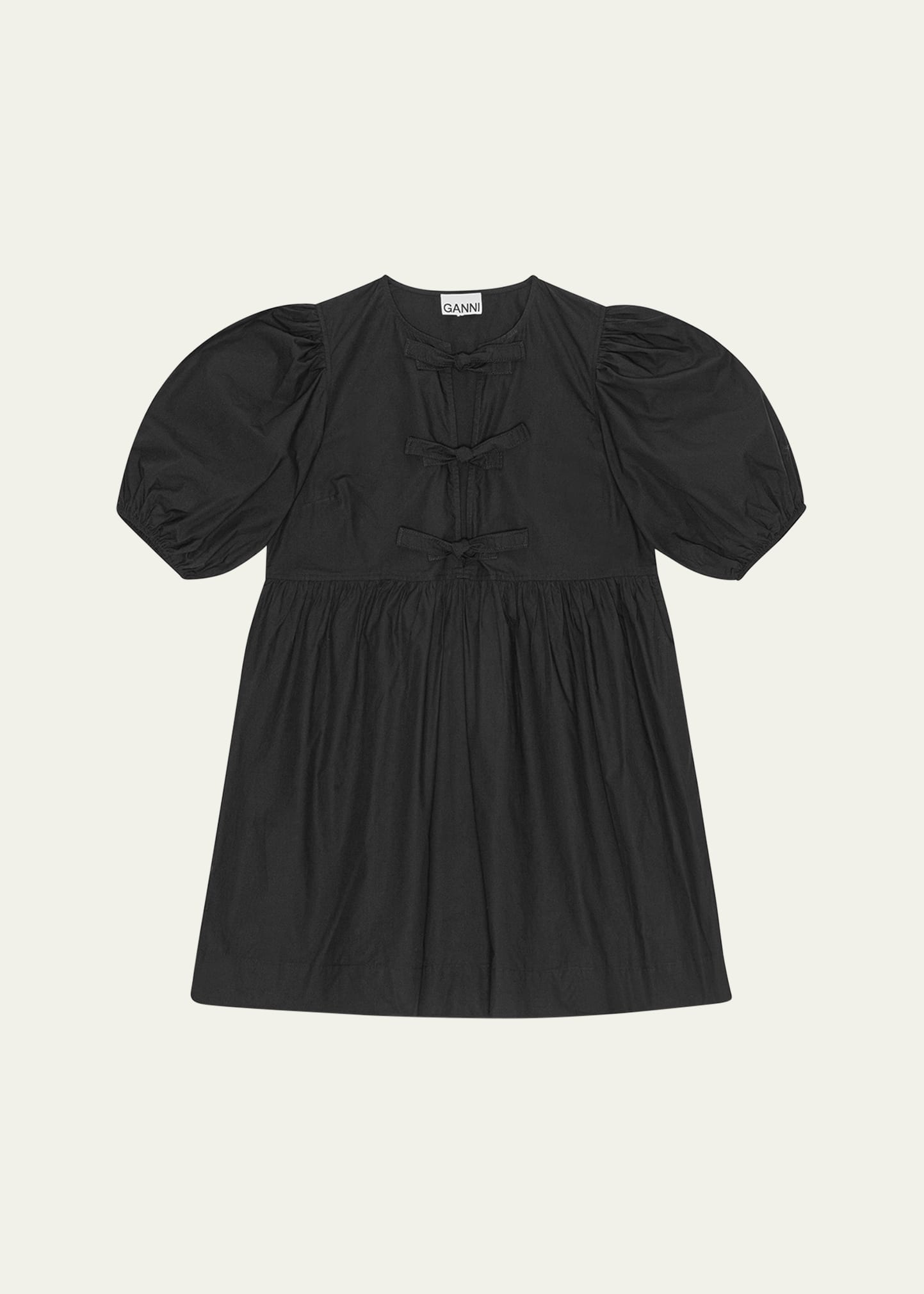 GANNI Tie-Front Puff-Sleeve Poplin Mini Dress