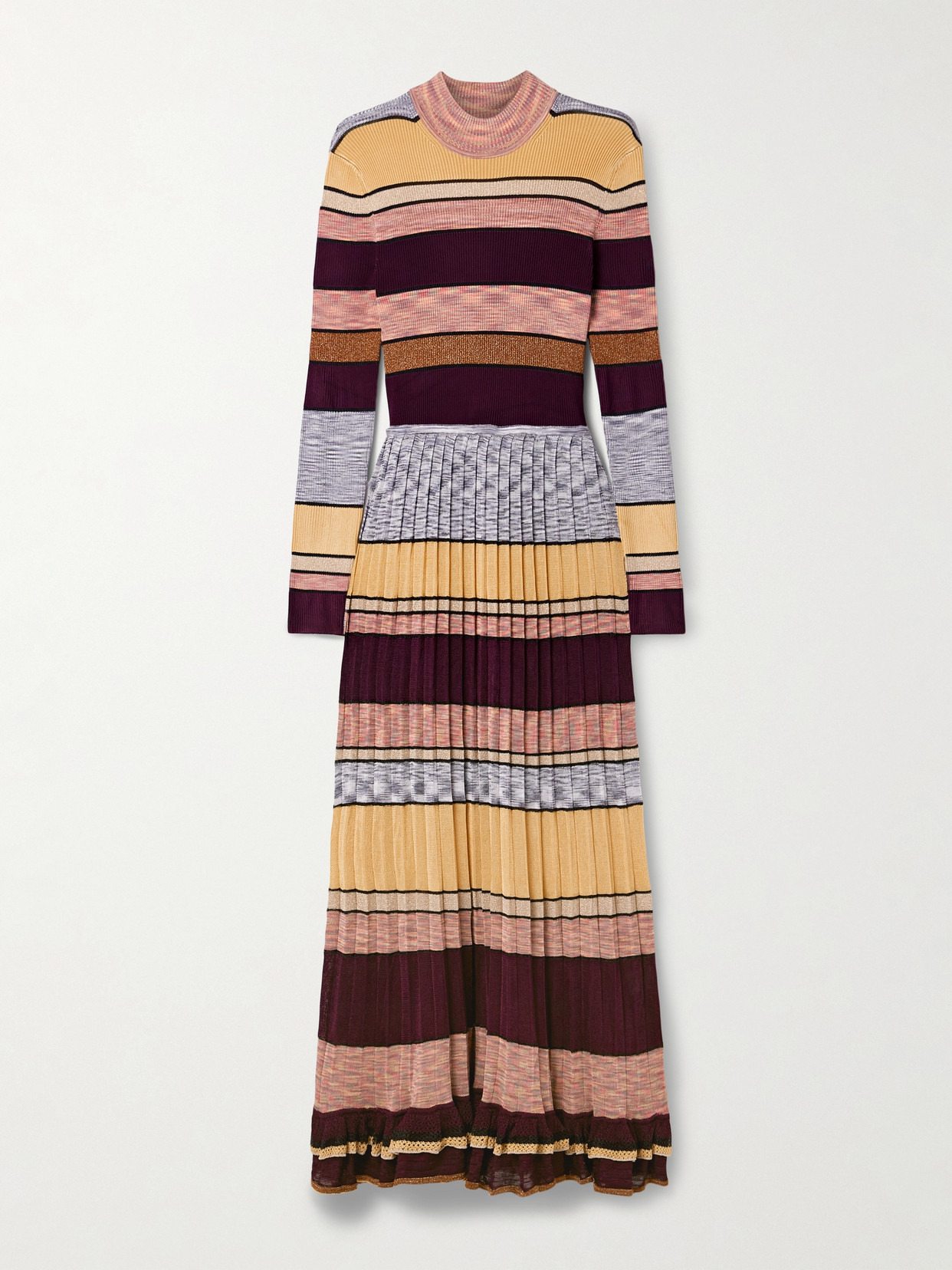Evangeline Striped Pleated Metallic Knit Turtleneck Maxi Dress - 1