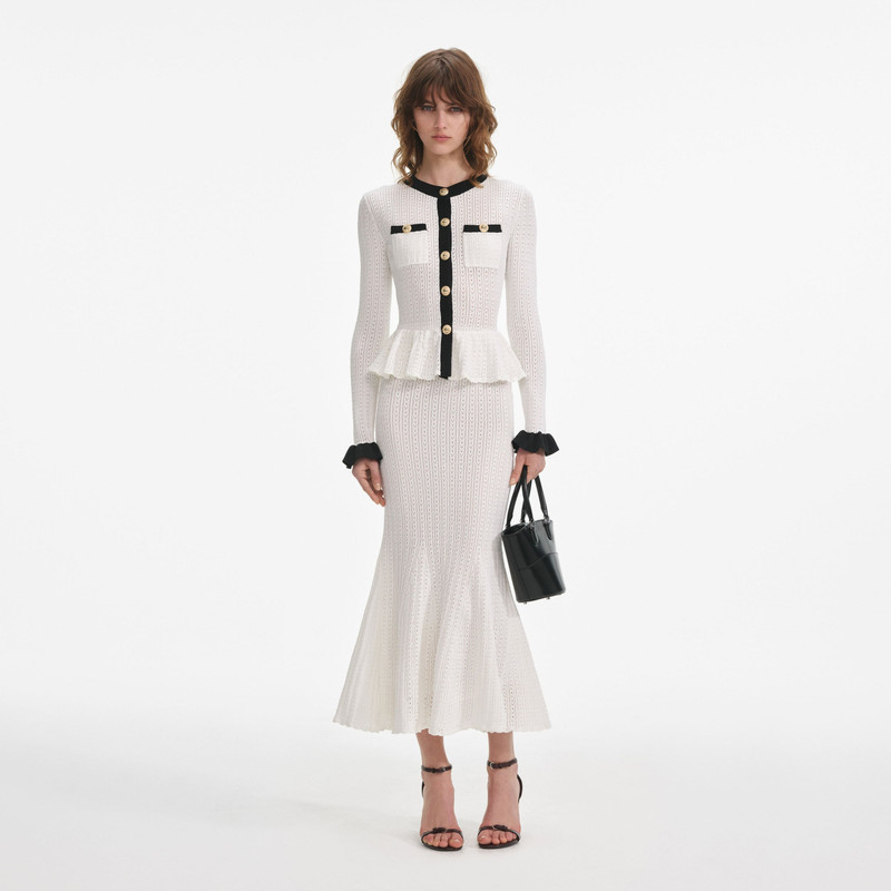 White Pointelle Knit Contrast Midi Dress 1