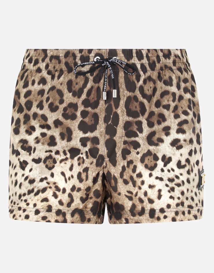 Short leopard-print swim trunks with plate - 1