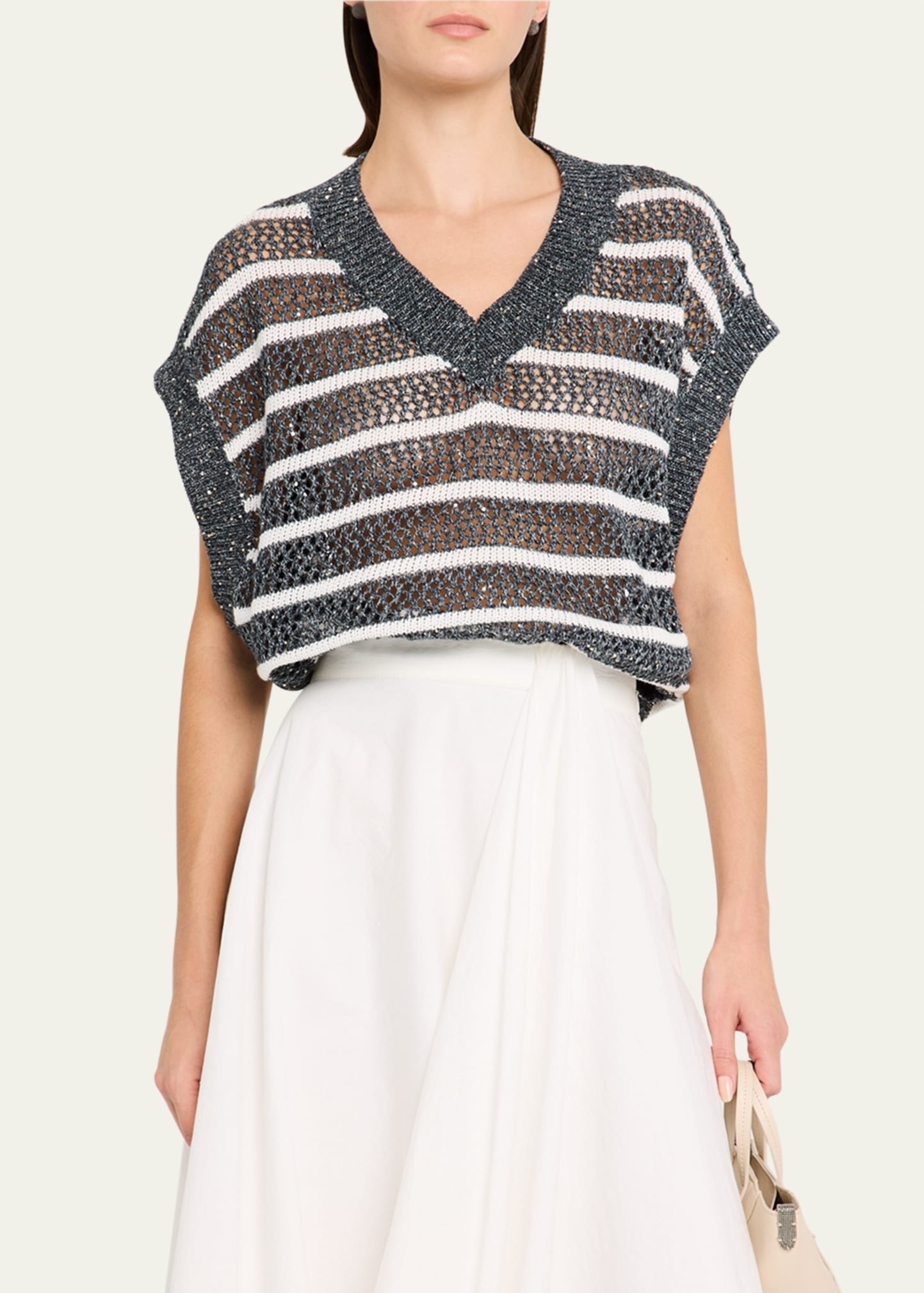 Antibes Striped Paillette Open-Knit Sleeveless Sweater - 4