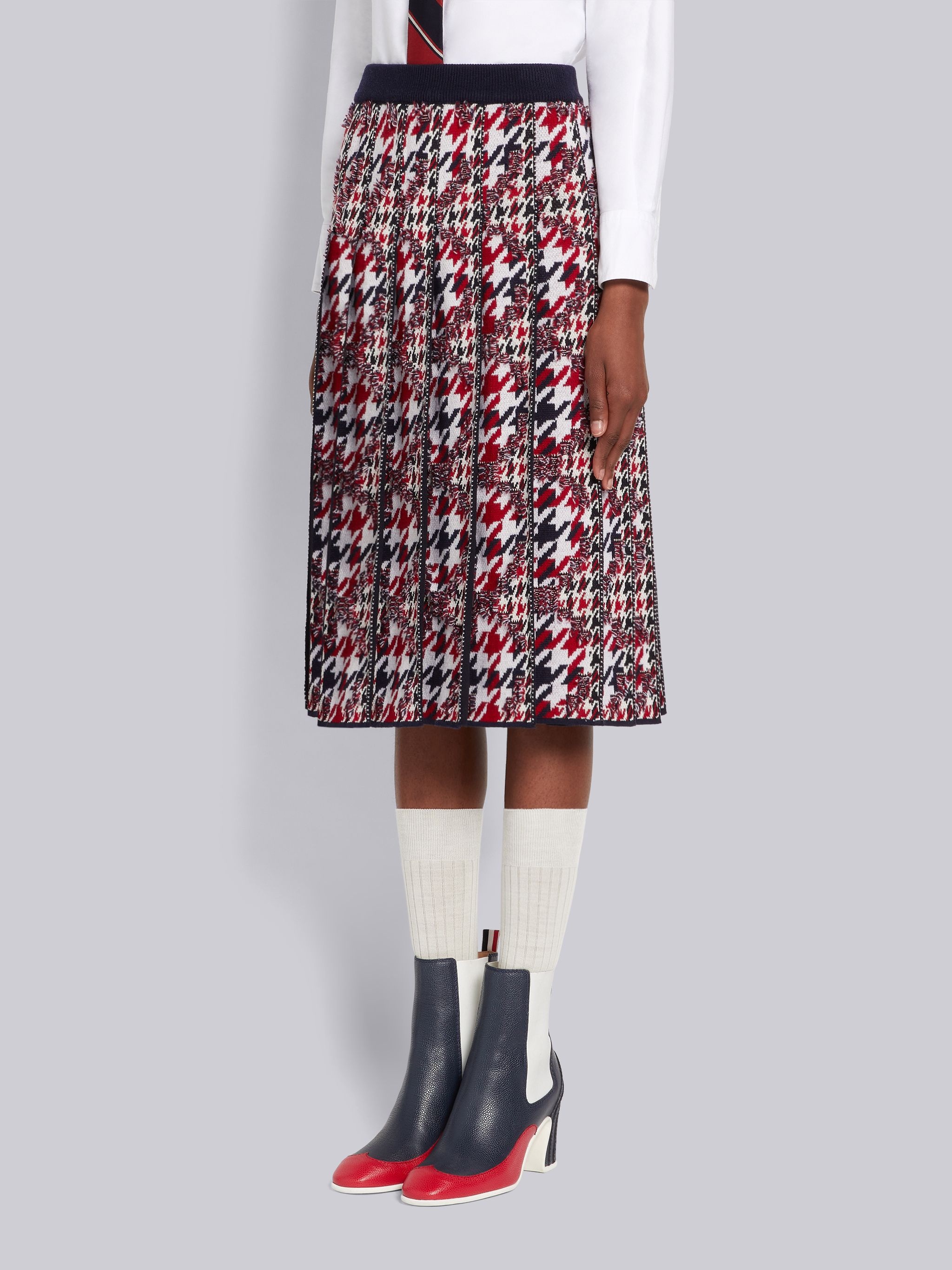 Multicolor Frayed Houndstooth Wool Cotton Jacquard Pleated Below-the-Knee Skirt - 2