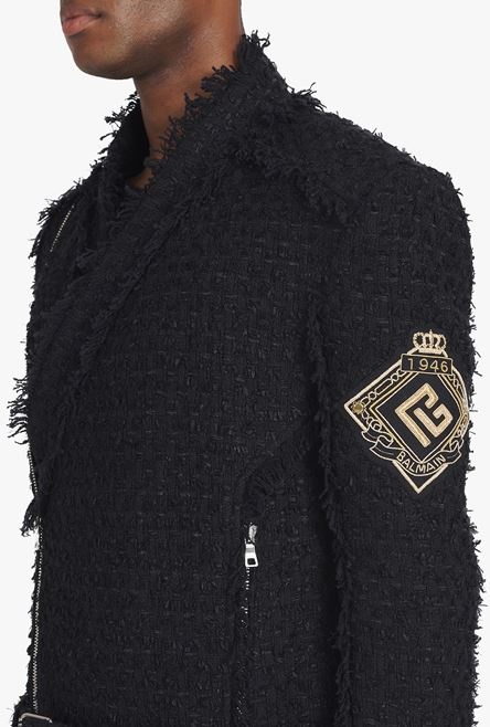 Black tweed jacket with gold-tone Balmain badge - 10