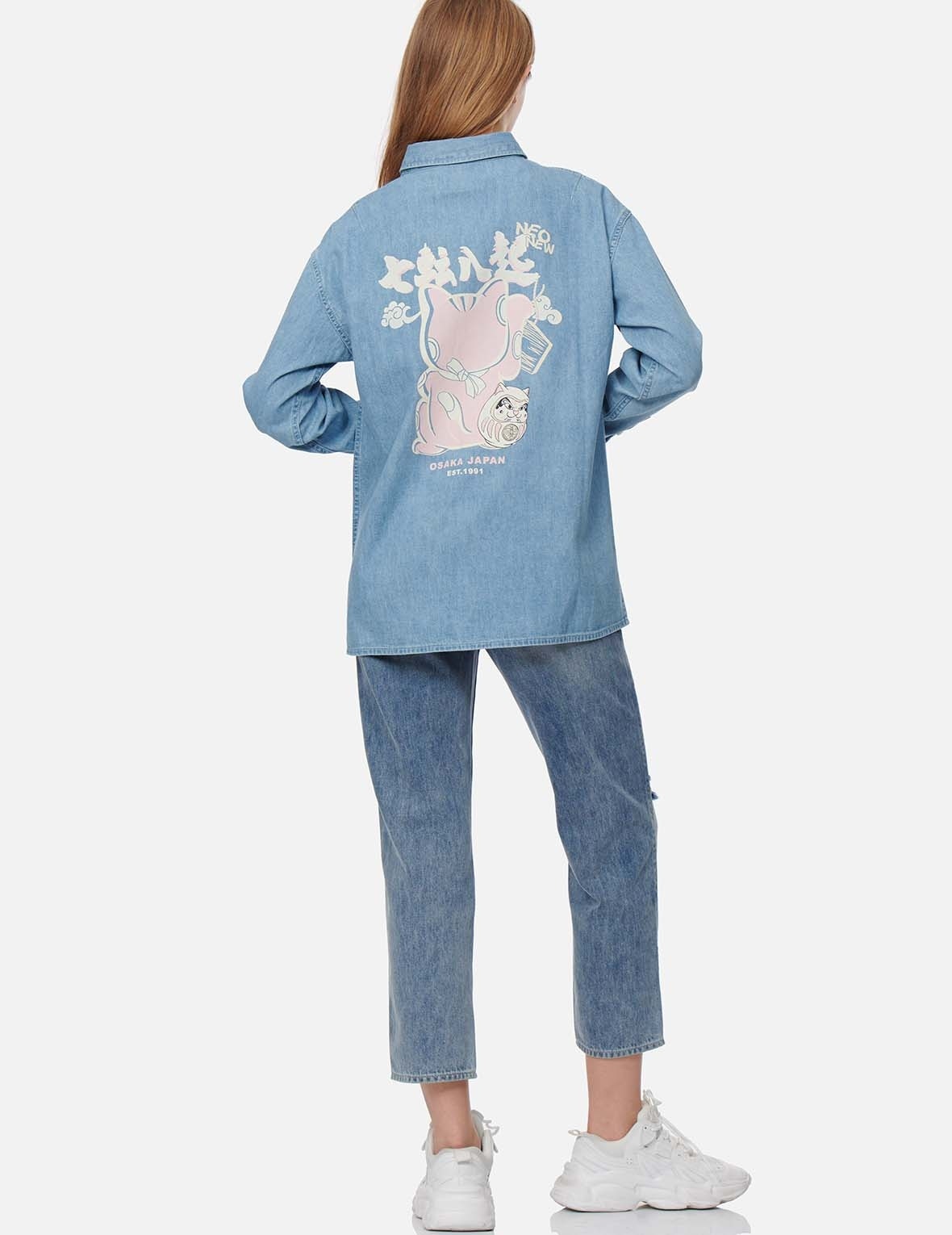 FORTUNE CAT WITH DARUMA PRINT DENIM SHIRT - 5