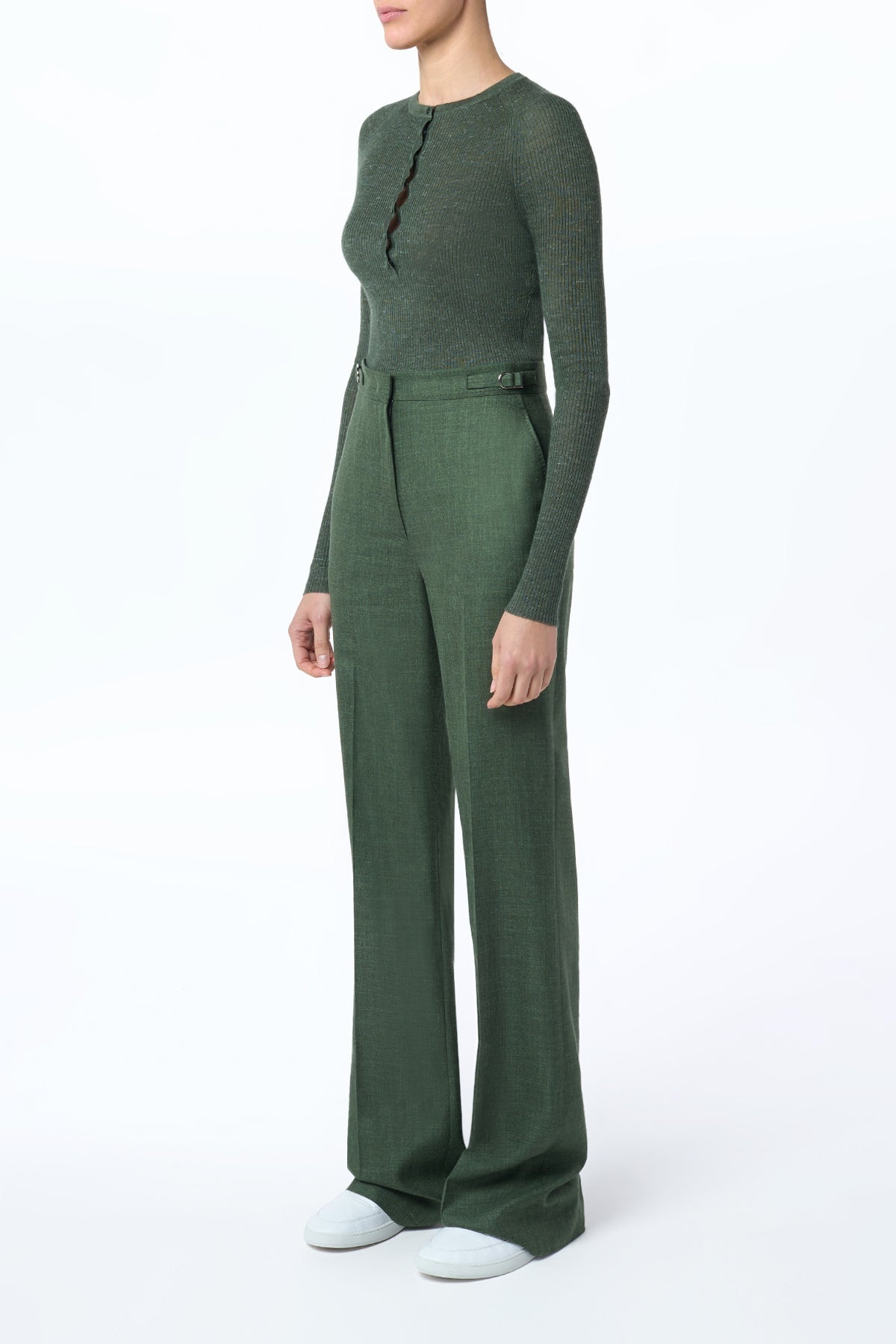 Vesta Flared Pant in Olive Virgin Wool Silk with Linen - 3