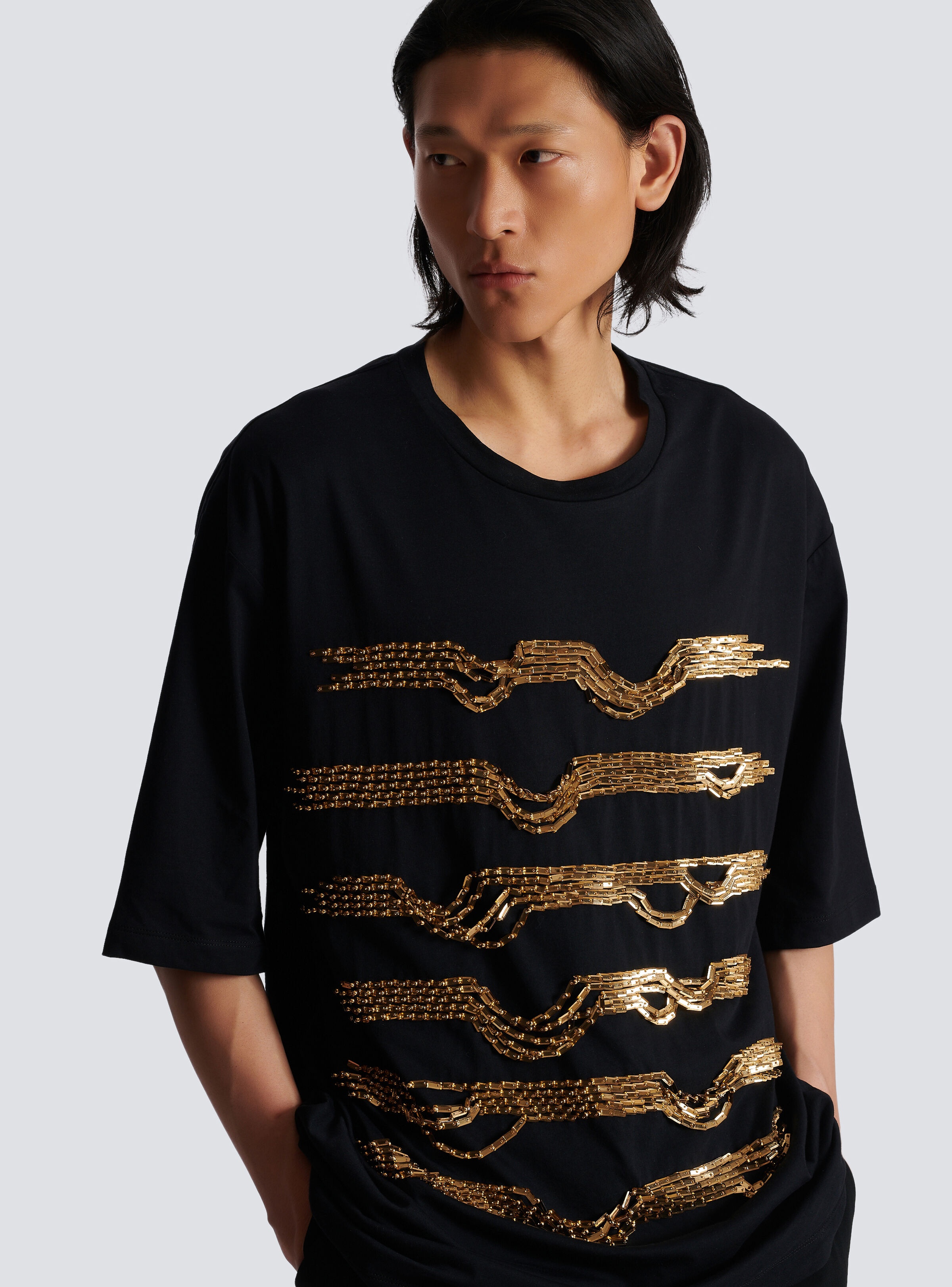 Embroidered cotton T-shirt with destroy stripes - 6