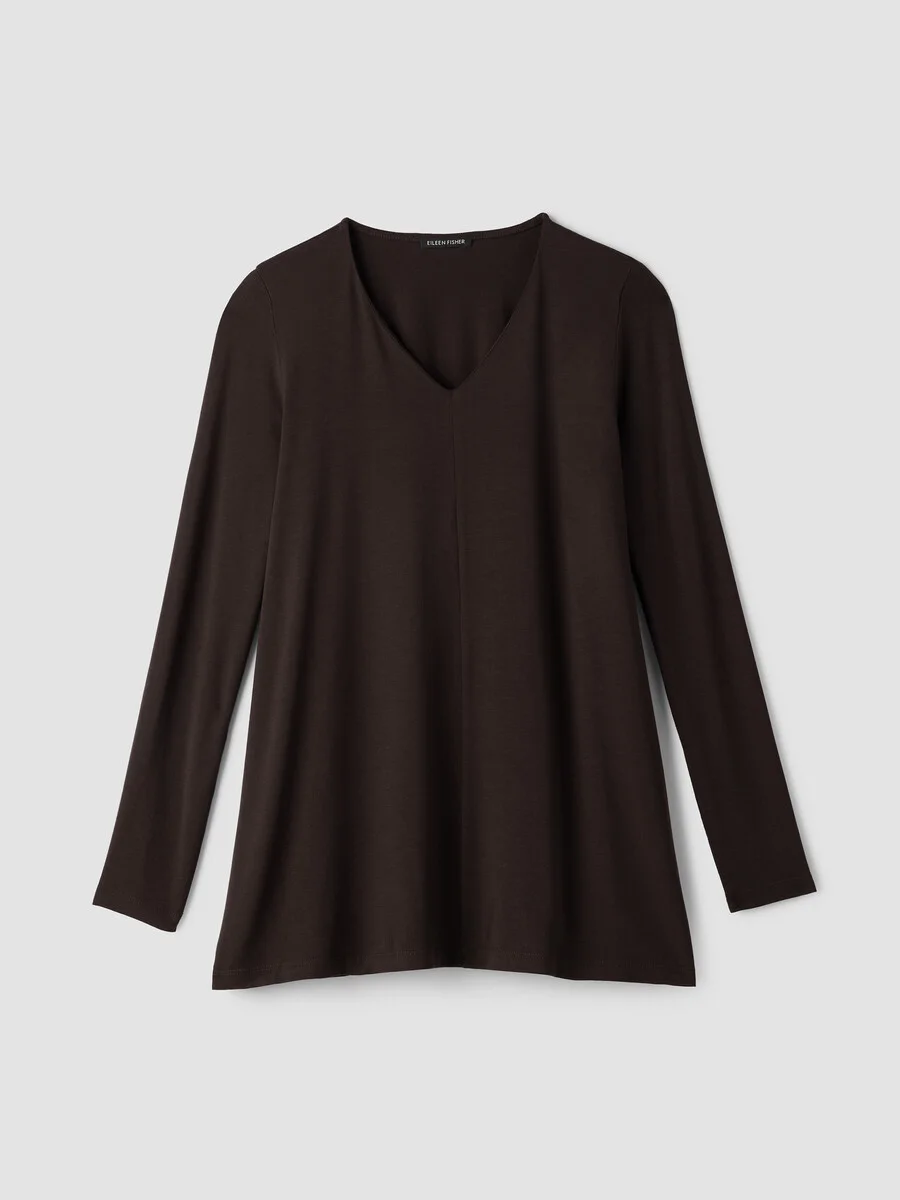 Fine Stretch Jersey Knit V-Neck Long Top - 1