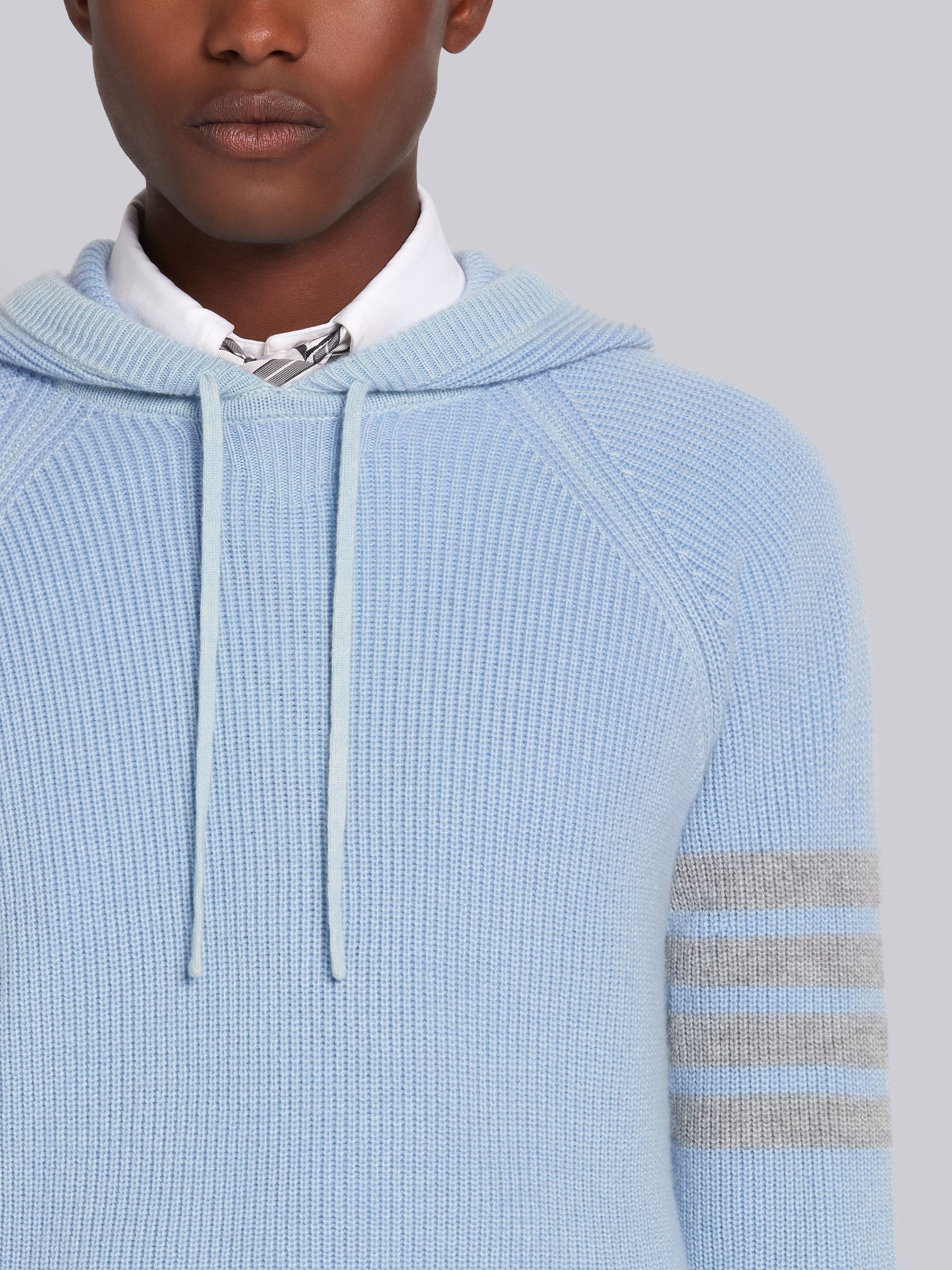 Light Blue Cashmere Garment Dyed Half Cardigan Stitch Relaxed 4-Bar Pullover Hoodie - 5