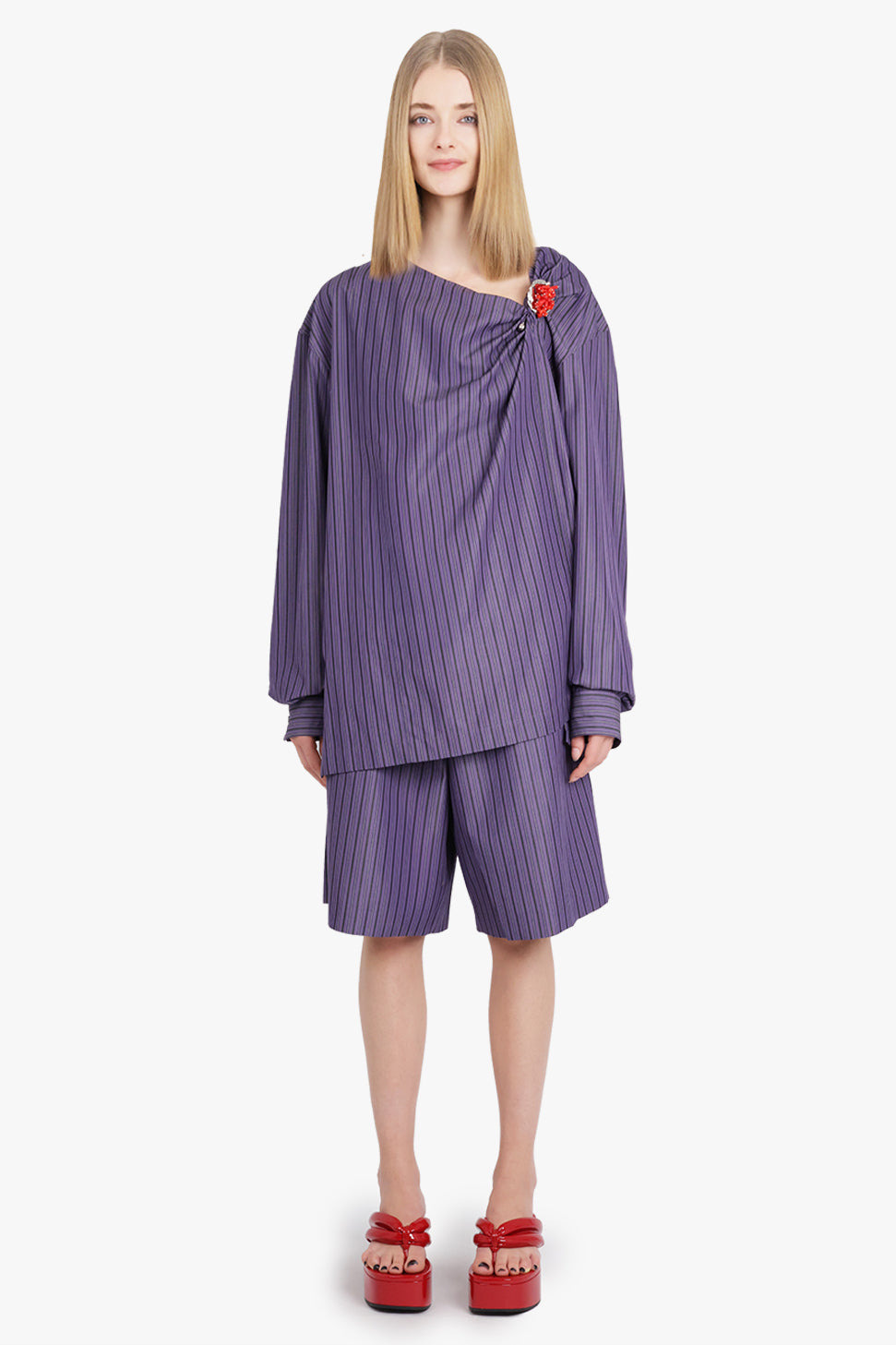 CIJOU STRIPE ASYMMETRICAL KNOT DETAIL L/S BLOUSE | PURPLE STEEL - 3