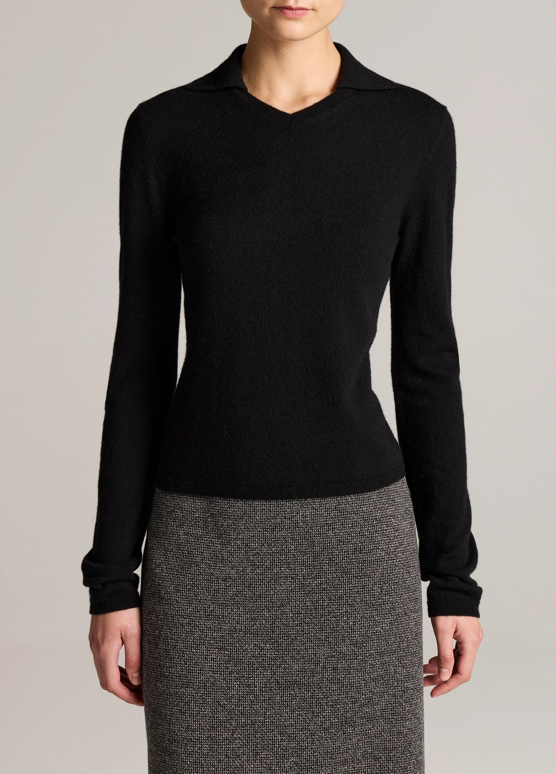 Merino Wool & Cashmere-Blend High V-Neck Polo Sweater - 1