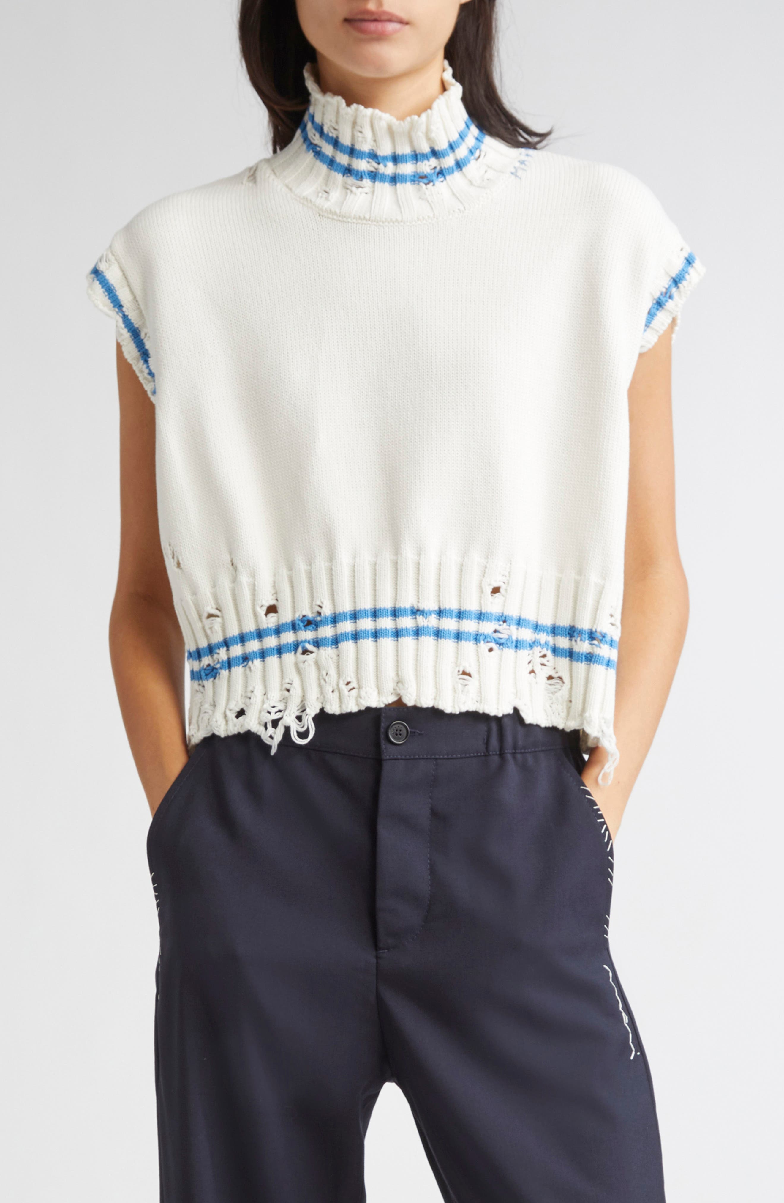 Marni Mending Logo Distressed Boxy Cotton Turtleneck Sweater in V2W01 Lily White at Nordstrom - 1